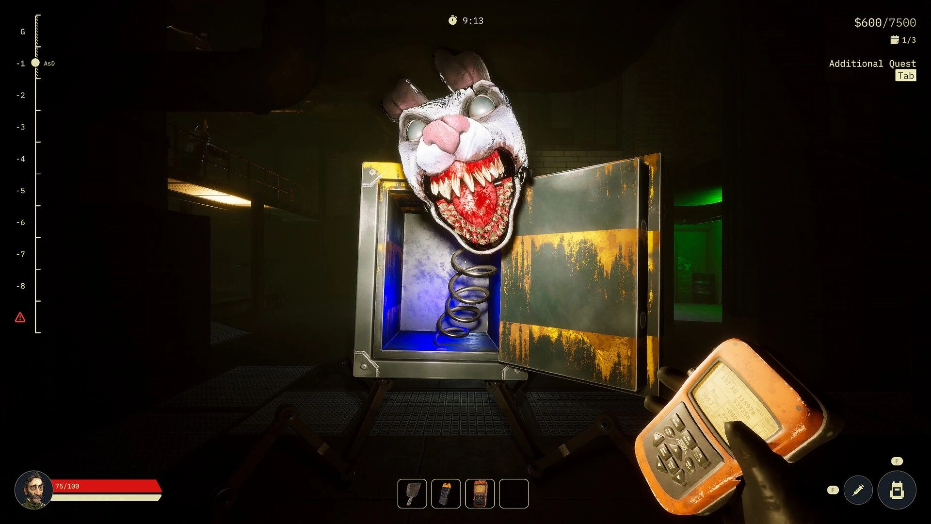 Dollhouse of Dead: Player encounters a monstrous toy from a jack-in-the-box in a dark factory setting.