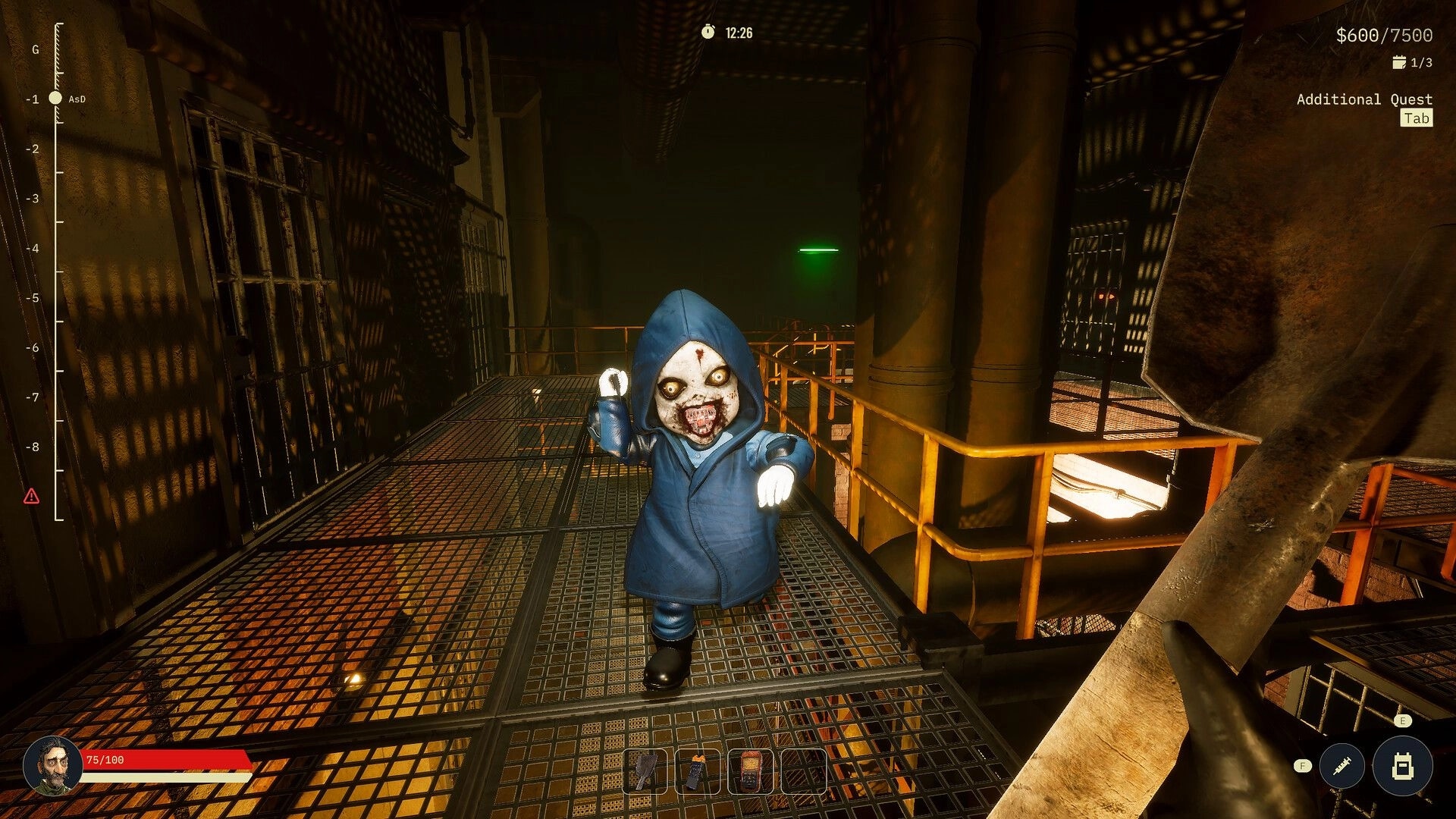Dollhouse of Dead: Player confronts creepy doll enemy in a dimly lit industrial factory walkway
