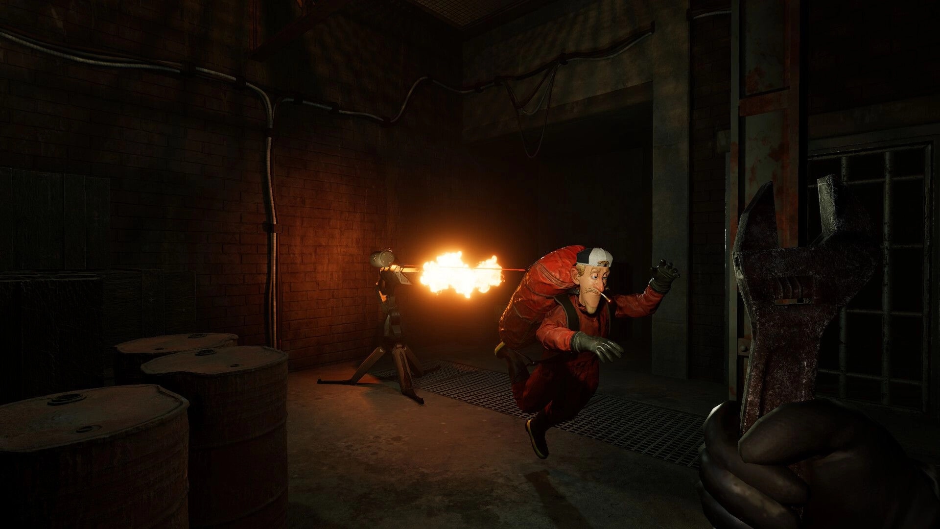 Dollhouse of Dead: Player evades flaming toy attack in dimly lit factory holding a large rusty wrench