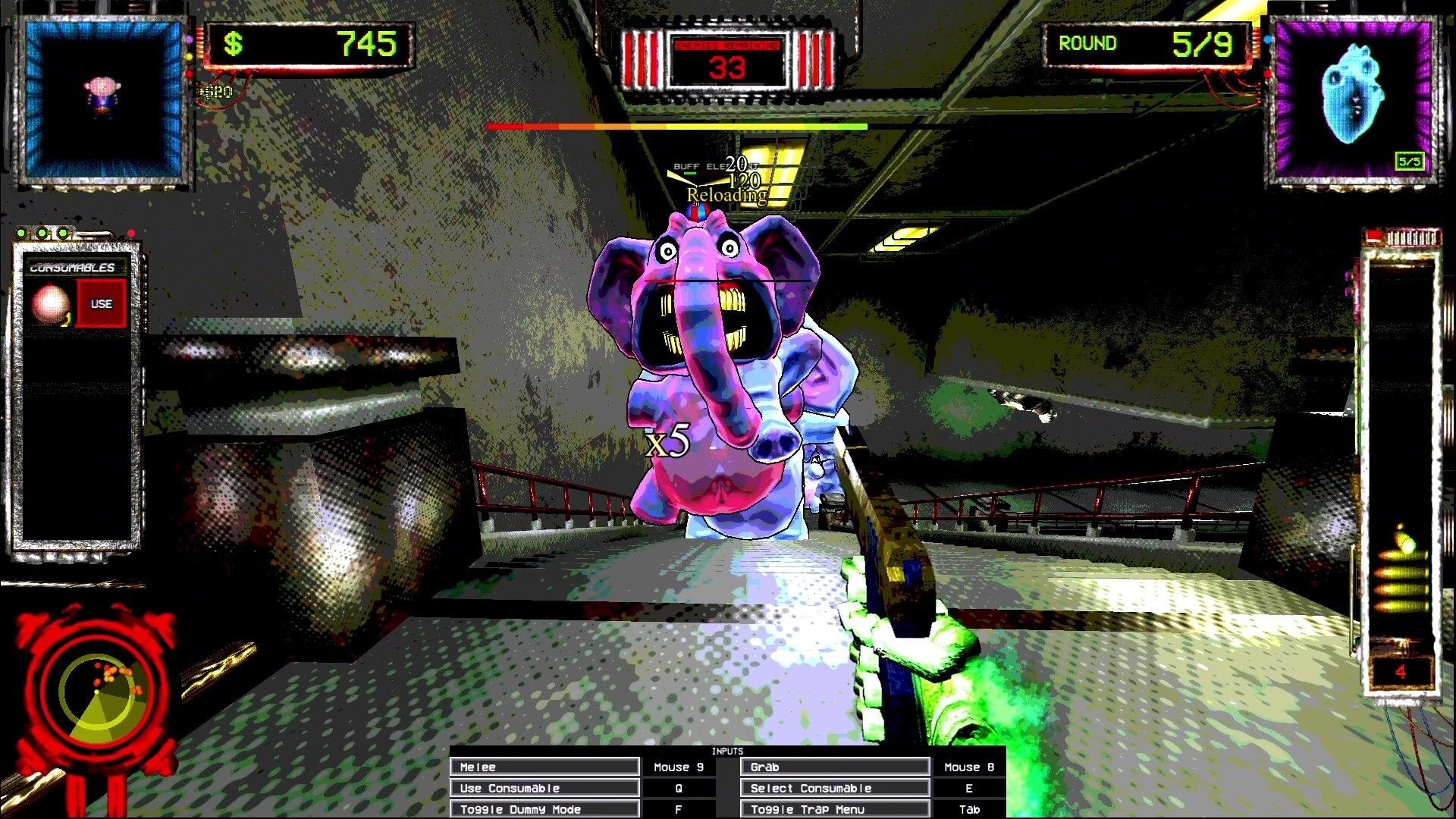 DOLLMAKER 2: Player aims at pink elephant monster in industrial corridor with HUD showing consumables.