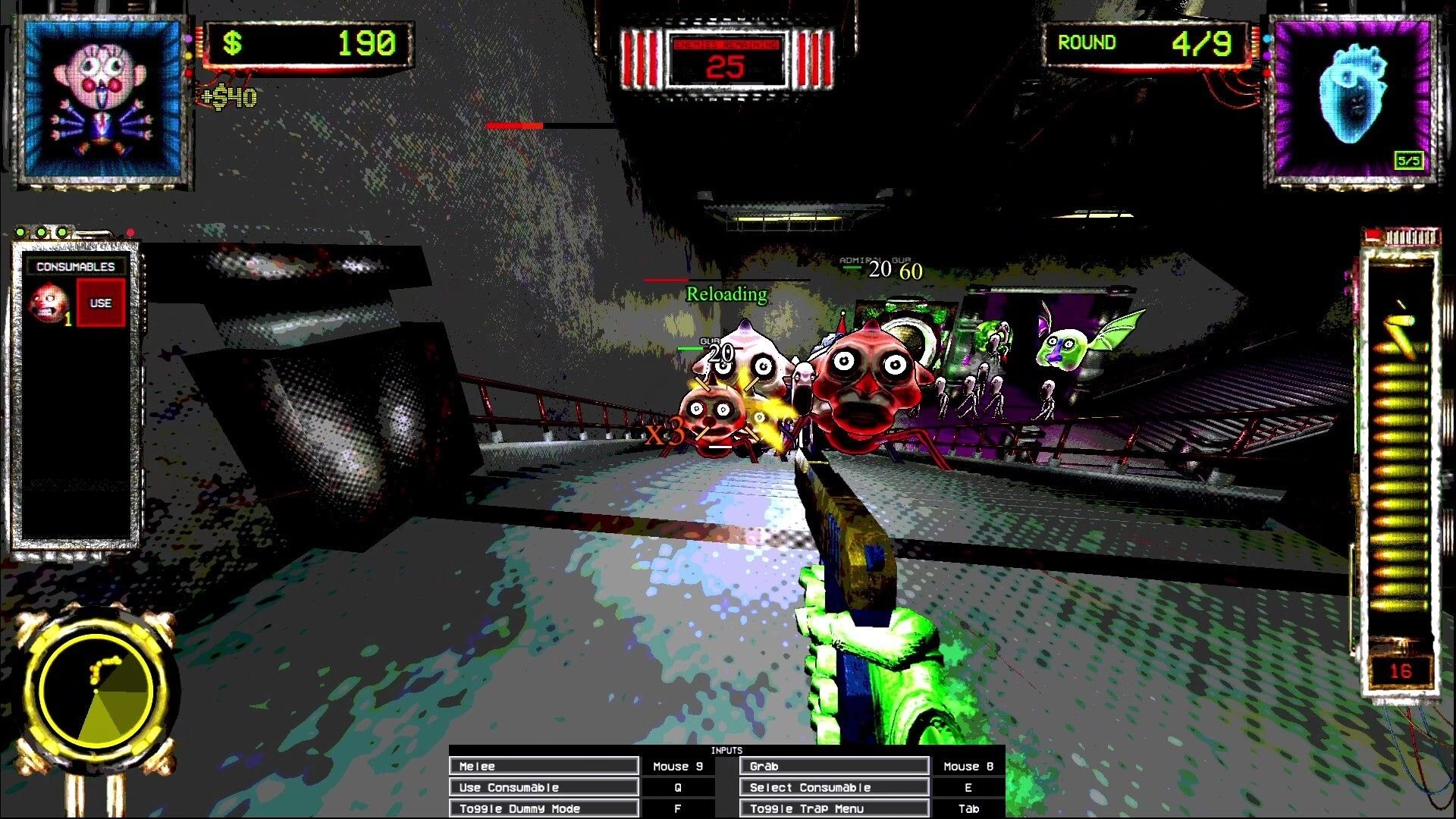 DOLLMAKER 2: Player reloading shotgun during intense combat with monsters in futuristic arena setting.