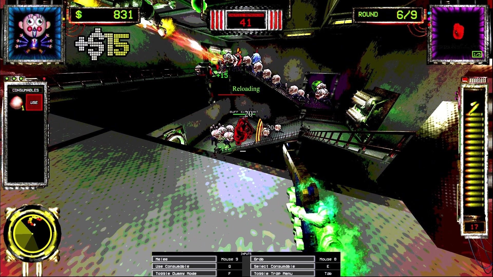 DOLLMAKER 2: Player firing at approaching monsters on a staircase in industrial facility environment.