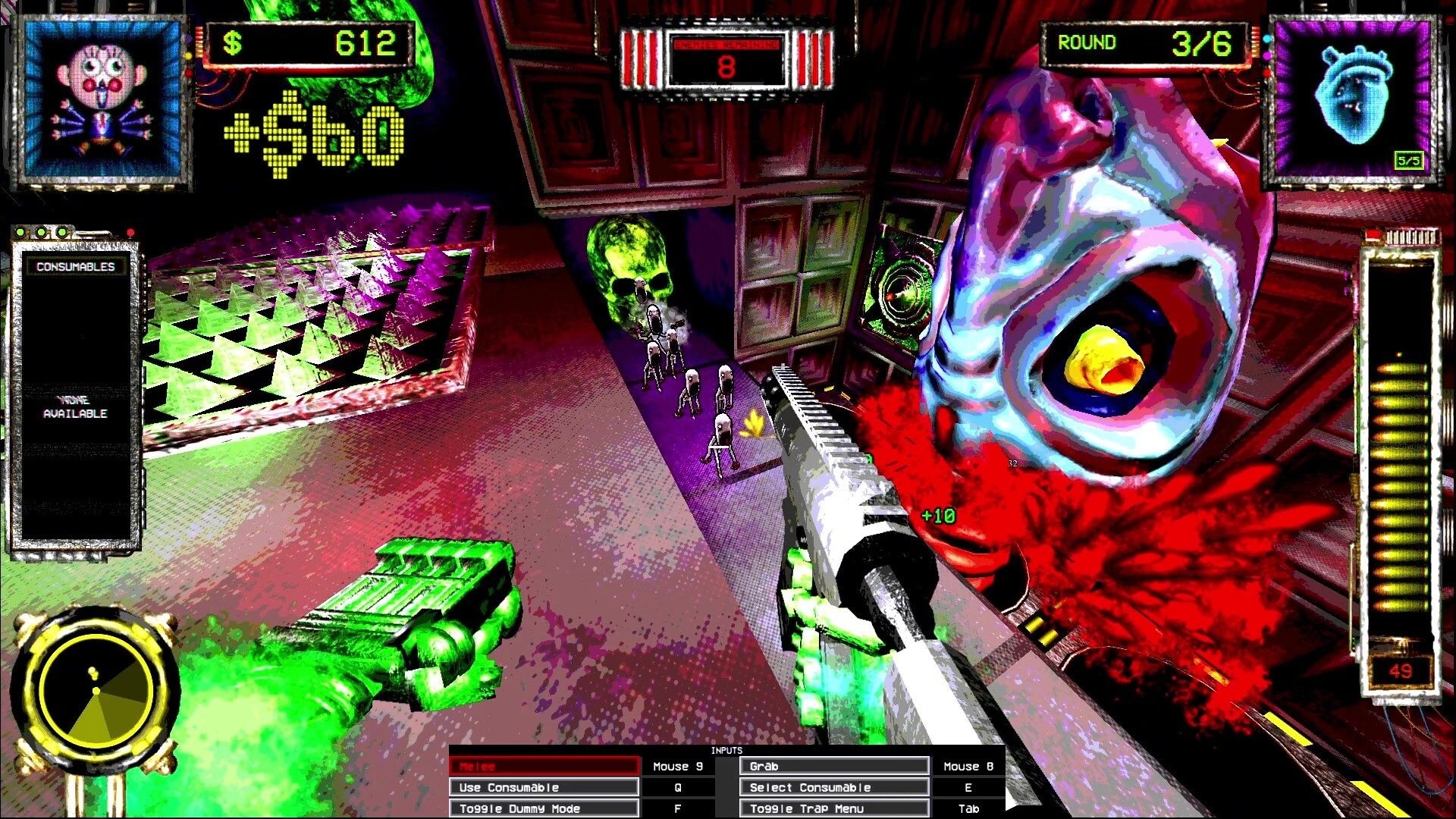 DOLLMAKER 2: First-person shooting at small monsters in a neon-lit corridor with weapon and health HUD.