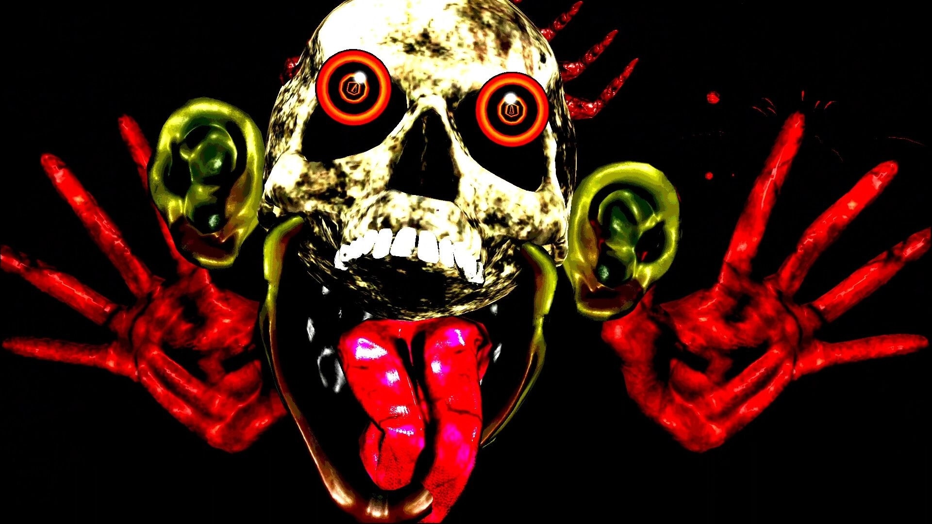 DOLLMAKER 2: Distorted skull monster with glowing eyes and red hands in a dark, eerie environment.