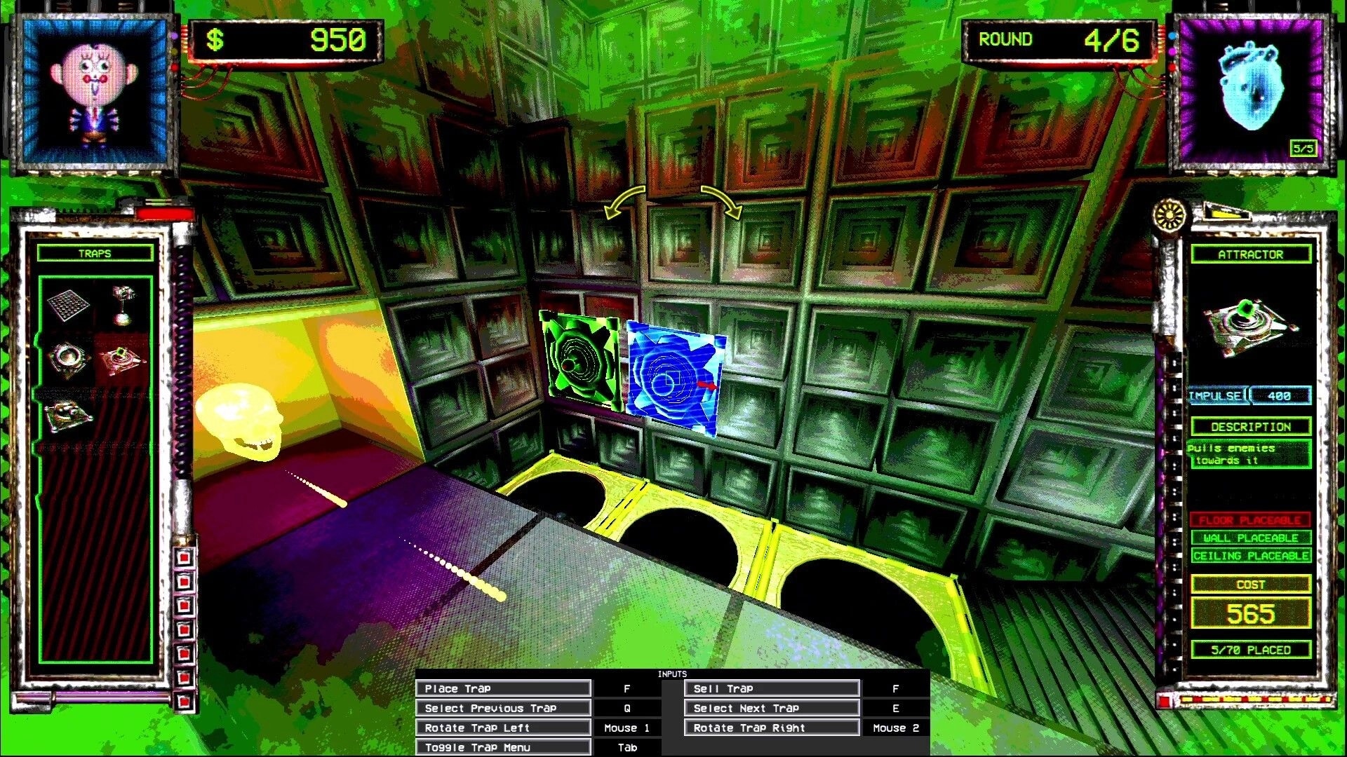 DOLLMAKER 2: Trap selection interface with vibrant grid walls and player controls at Willoughby Headquarters.