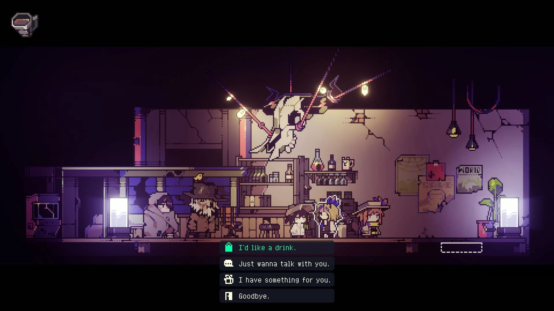 Doloc Town: Characters in a dimly lit bar with dialogue options, shelves, and a large skull overhead