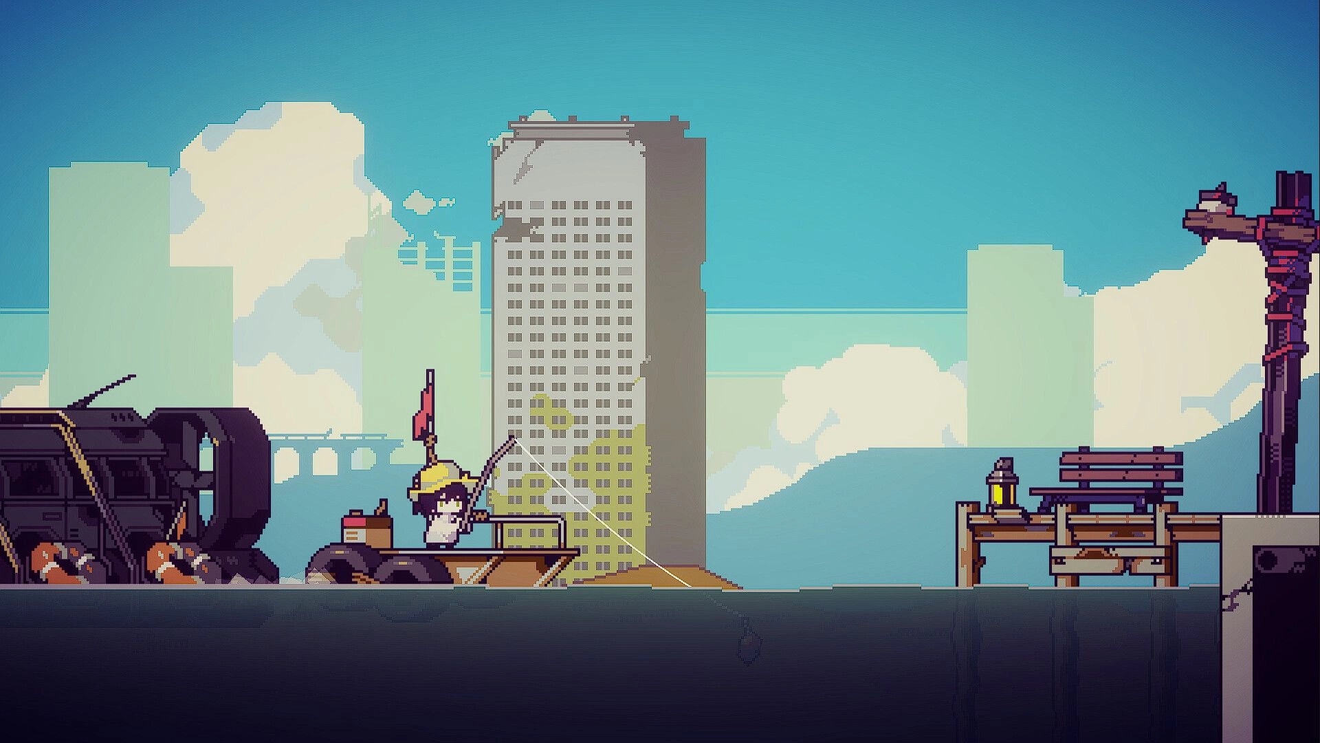 Doloc Town: Player fishing from a boat in a post-apocalyptic city with ruined skyscrapers in background