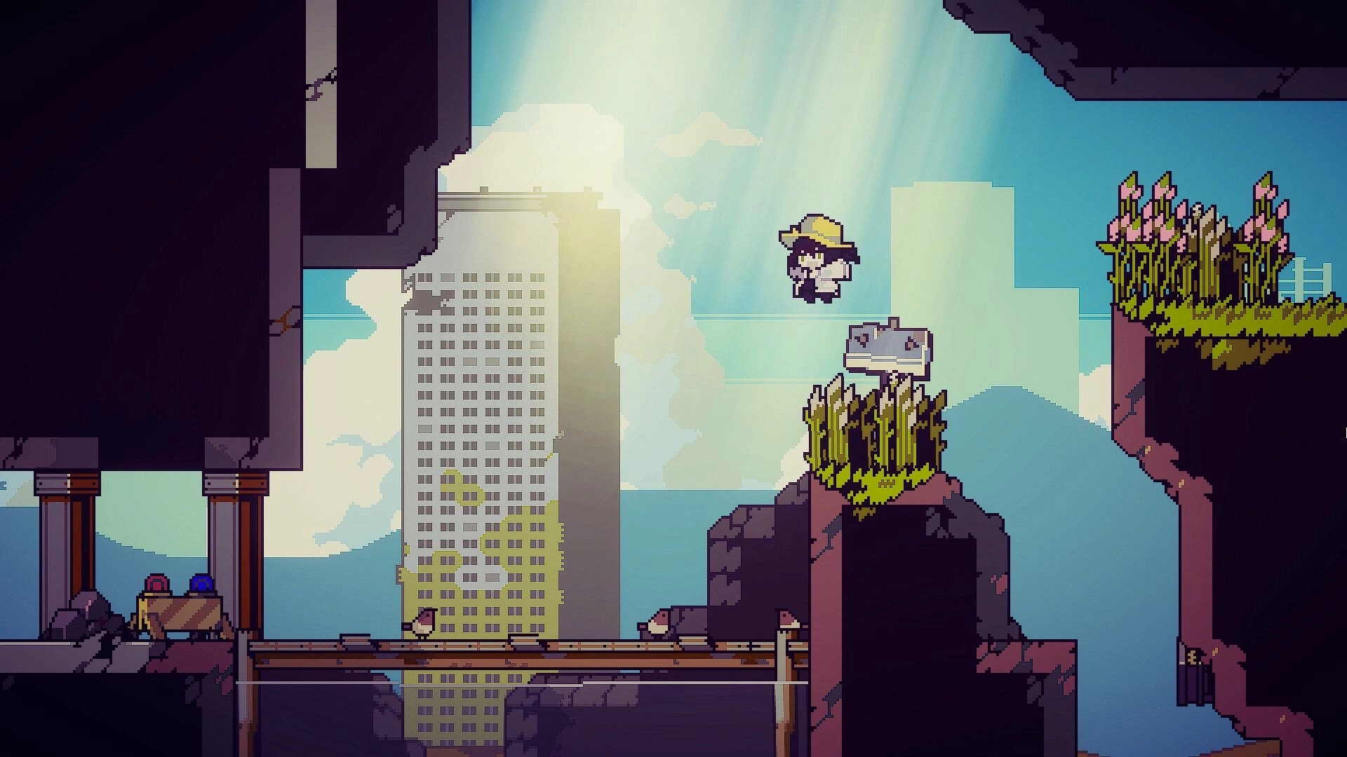 Doloc Town: Character jumping between platforms in a pixel art landscape with tall buildings in background