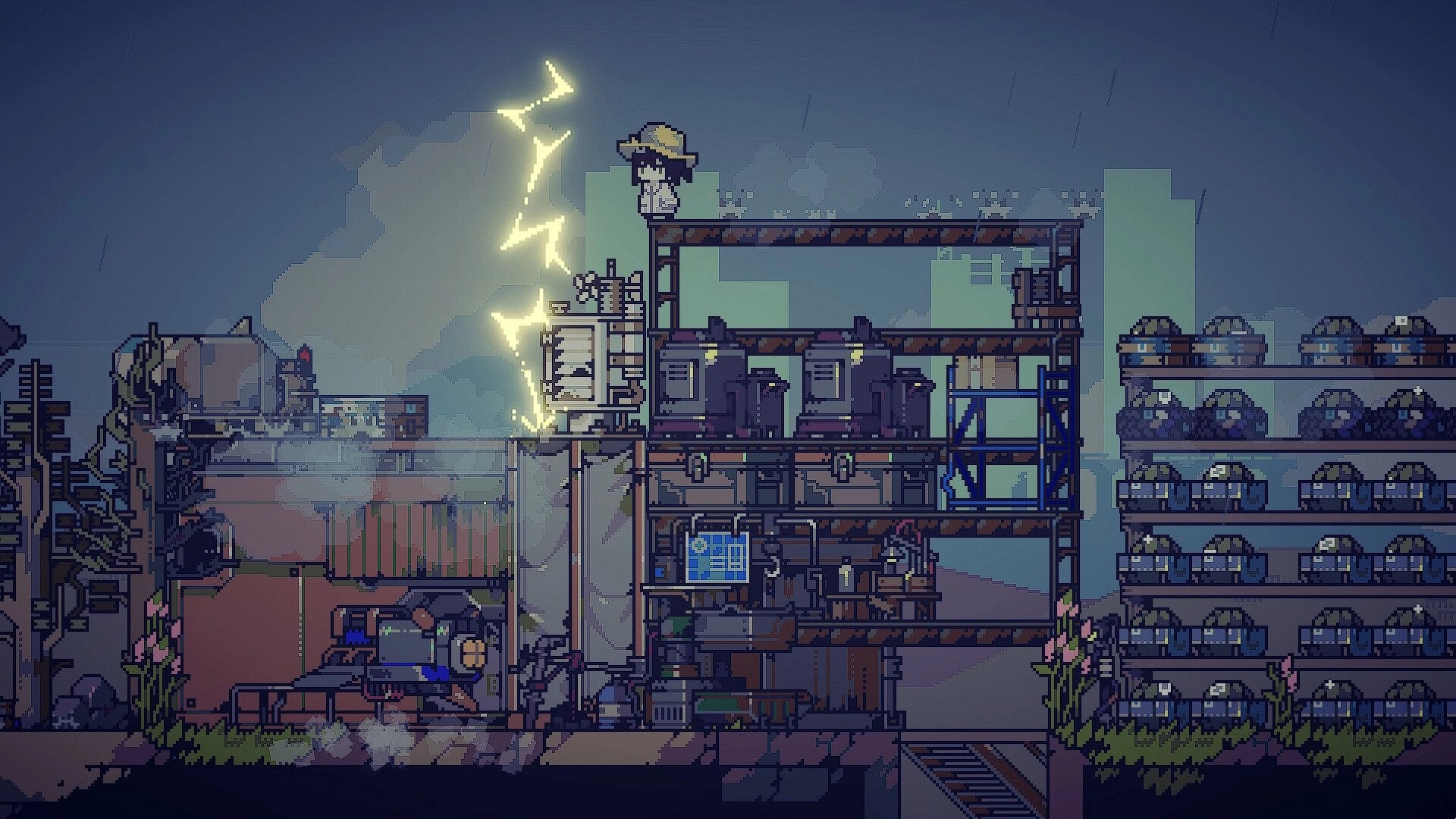 Doloc Town: Character on rooftop during stormy night surrounded by industrial structures and machinery