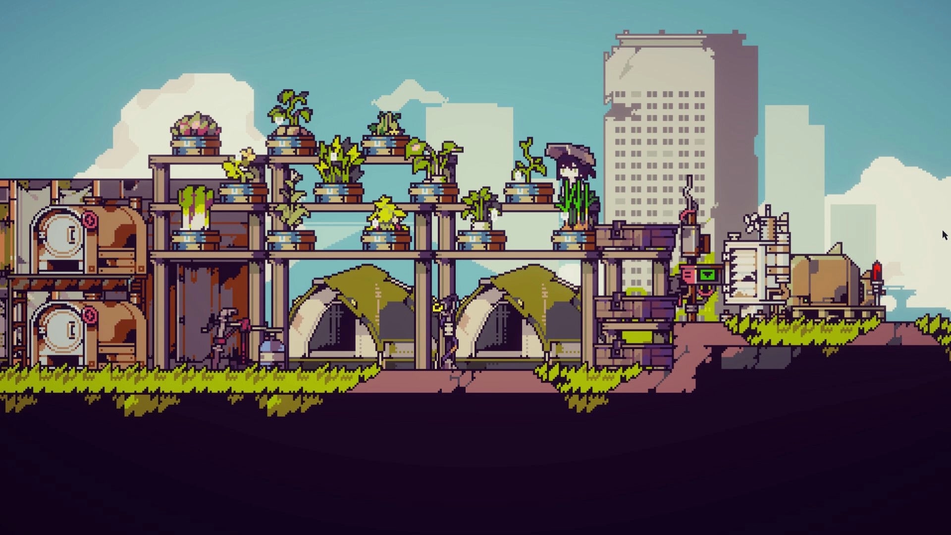 Doloc Town: Player farming on rooftop garden with plants and machinery against cityscape backdrop
