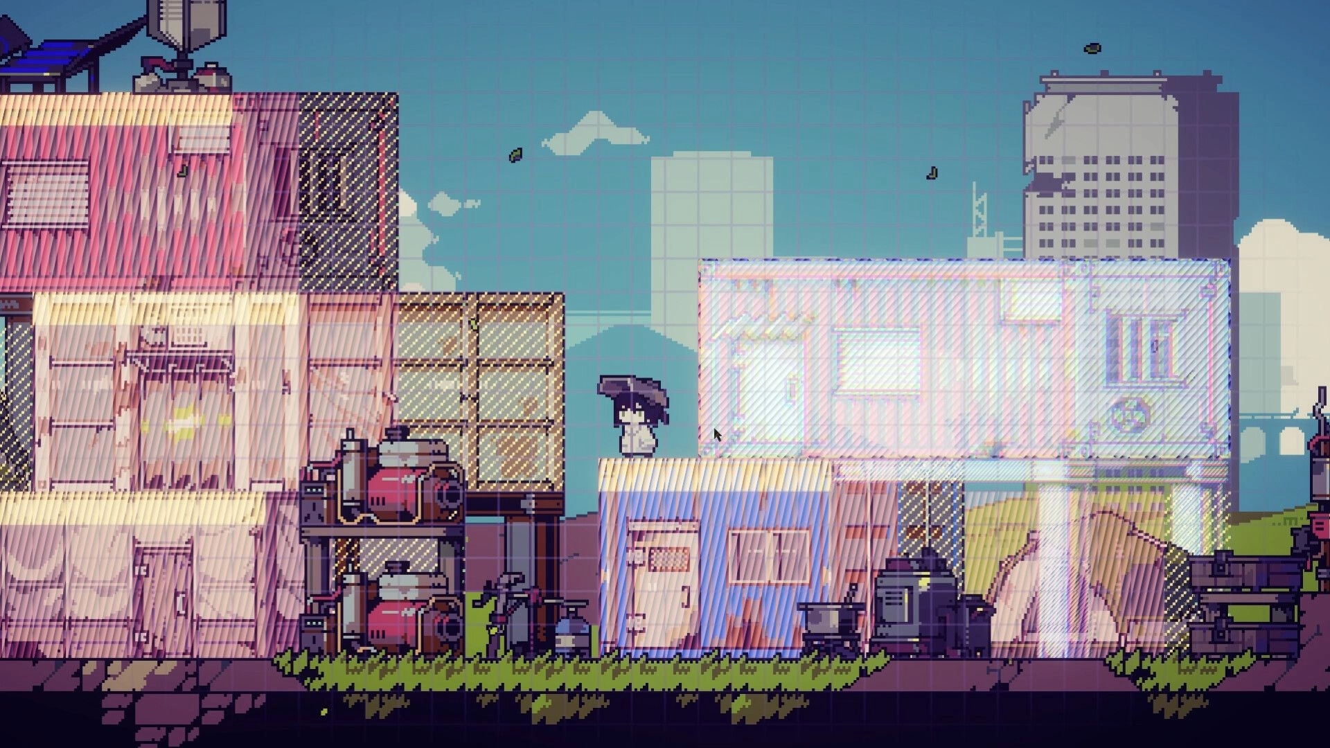 Doloc Town: Character with umbrella explores urban ruins, surrounded by stacked containers and machinery.