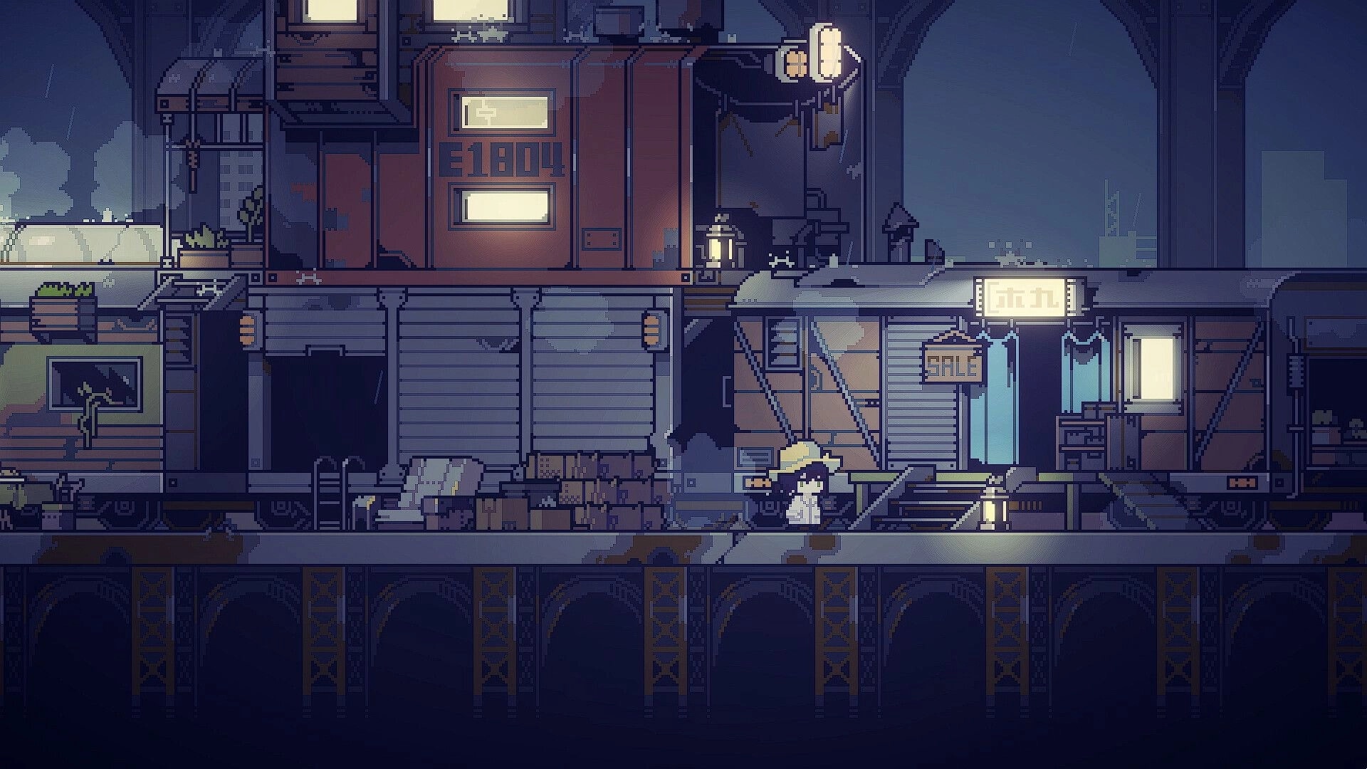 Doloc Town: Character walking past train station with sale sign under night sky in pixel art style.