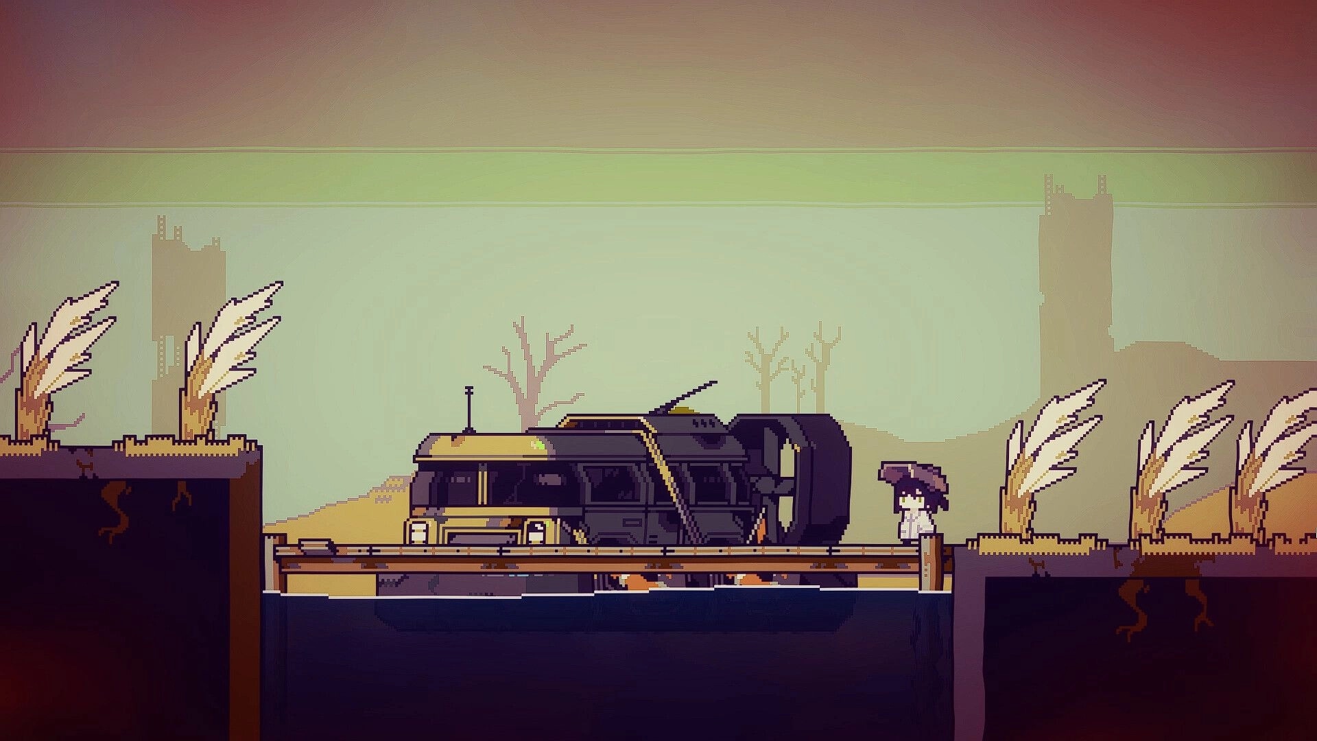 Doloc Town: Character with umbrella stands near a broken truck on a bridge in a desolate wasteland.
