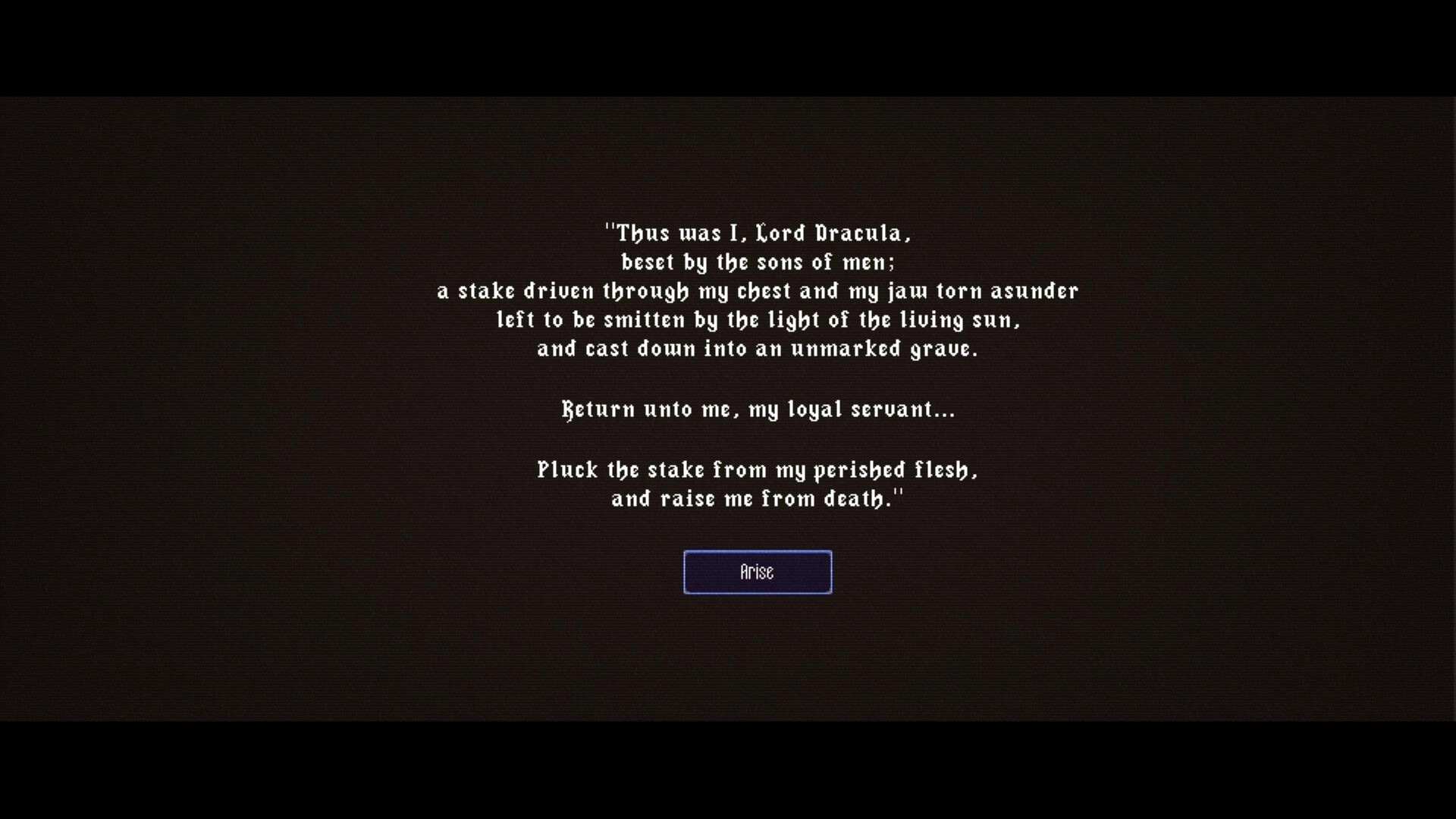 Dominion of Dracula: Story text intro about Dracula’s death and revival with an Arise button on dark screen.