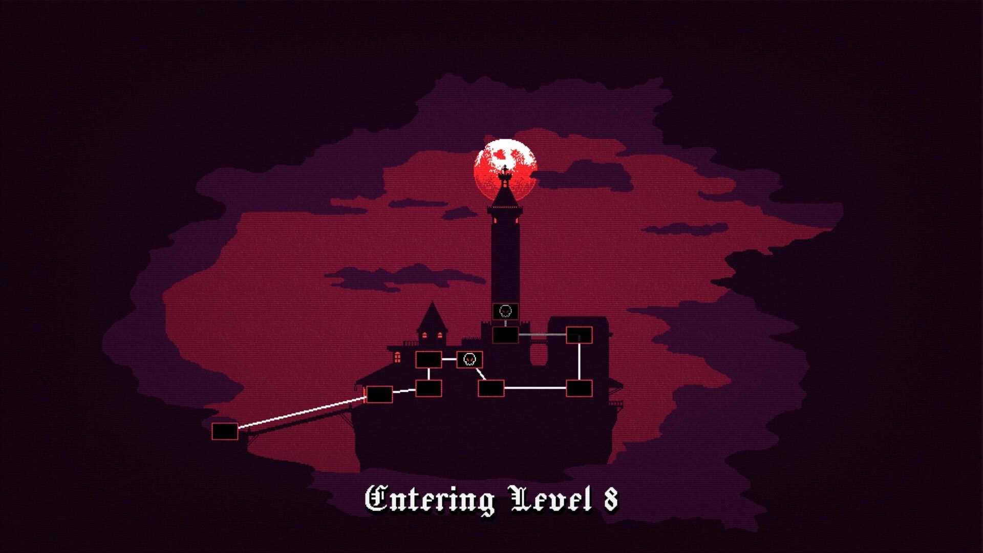 Dominion of Dracula: Castle map path with node icons under blood moon, “Entering Level 8” text.