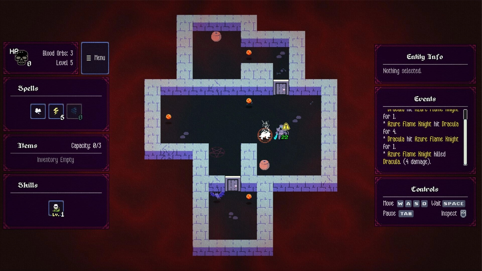 Dominion of Dracula: Dungeon room aftermath with fallen Dracula icon and events log beside spell UI panels.