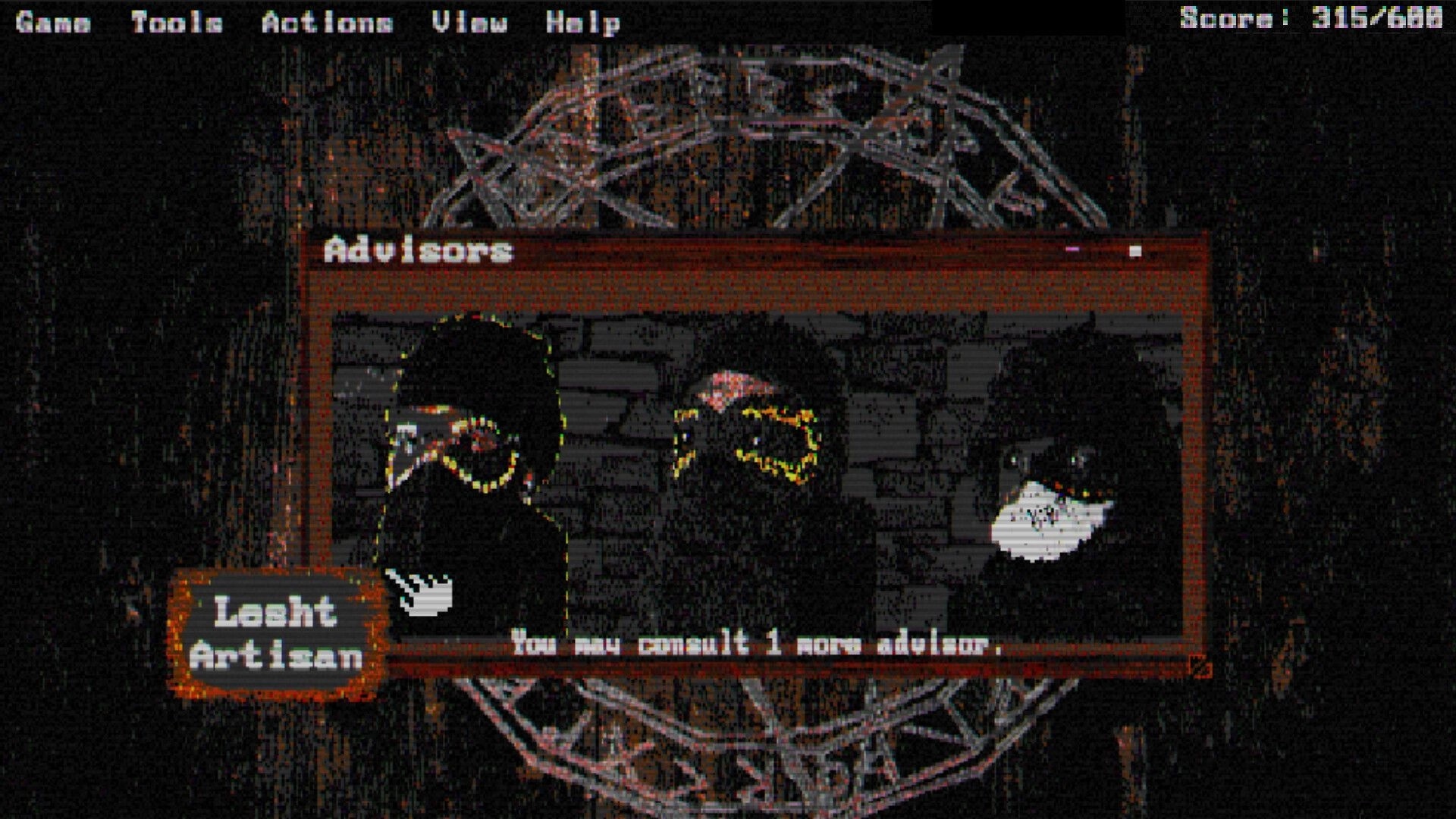 Dominot: Advisors selection window with three masked figures and Lost Artisan button on dark UI.