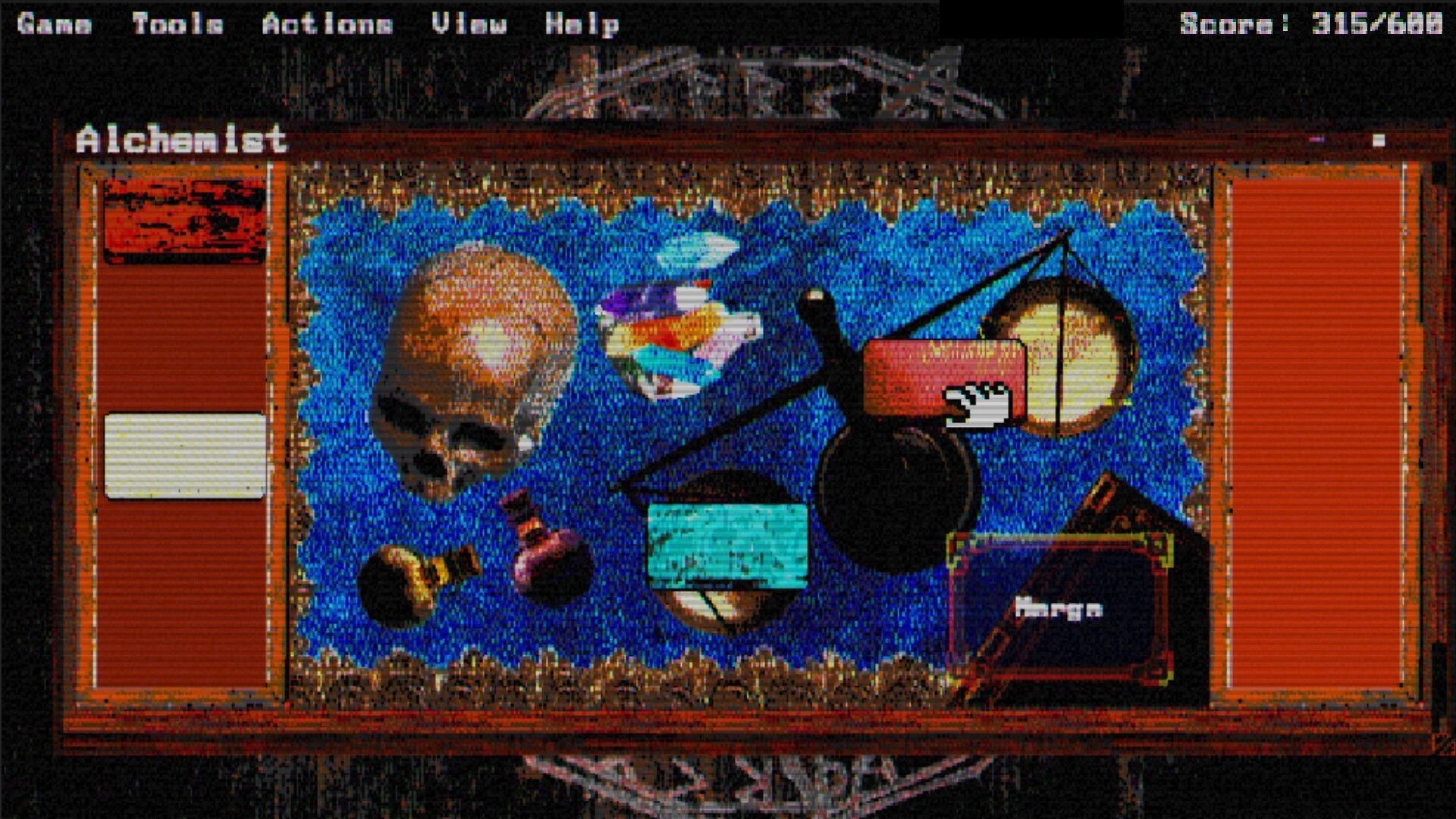 Dominot: Alchemist inventory screen with skull, bottles, and map icons on a blue tabletop background.
