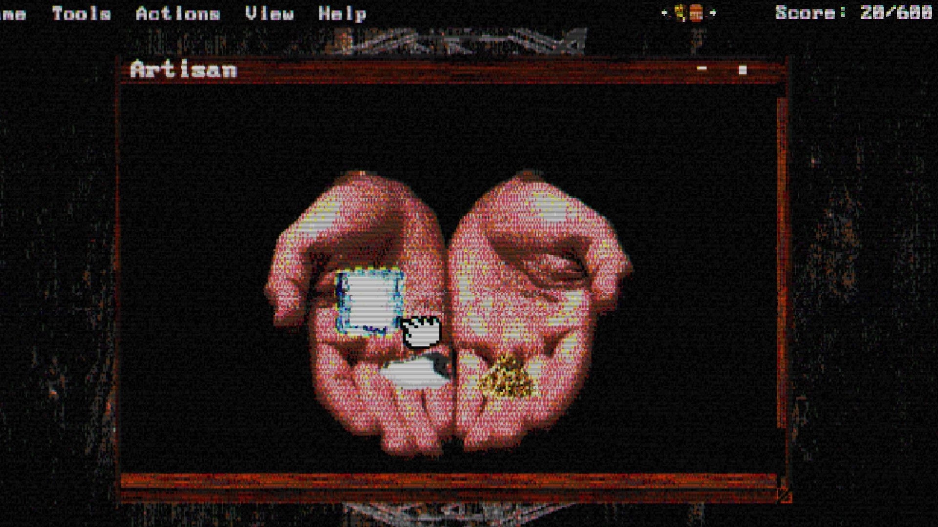 Dominot: Artisan window with hands arranging small tiles under a cursor on a dark interface.