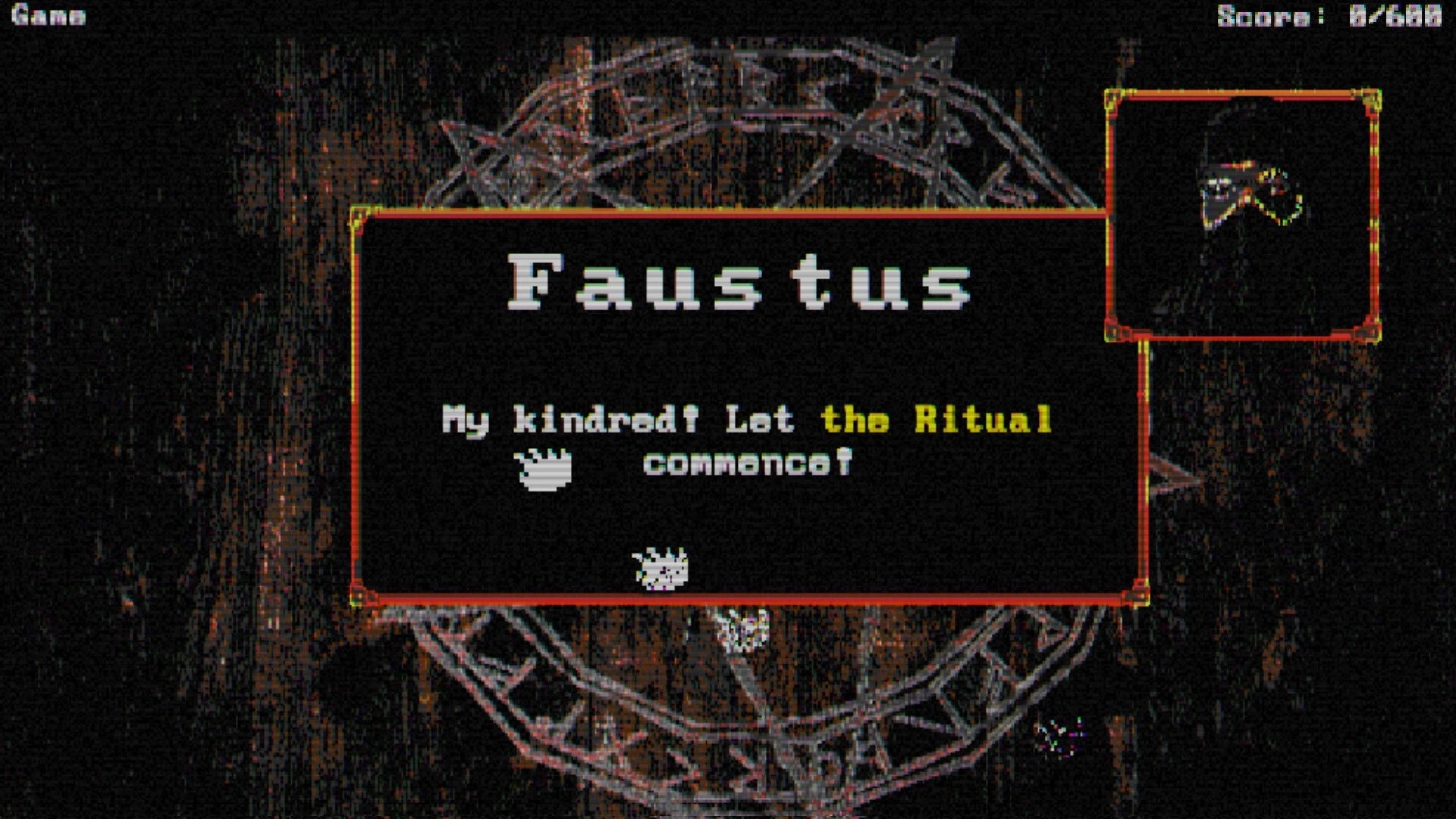 Dominot: Dialogue box from Faustus saying “Let the Ritual commence!” over a dark sigil backdrop.
