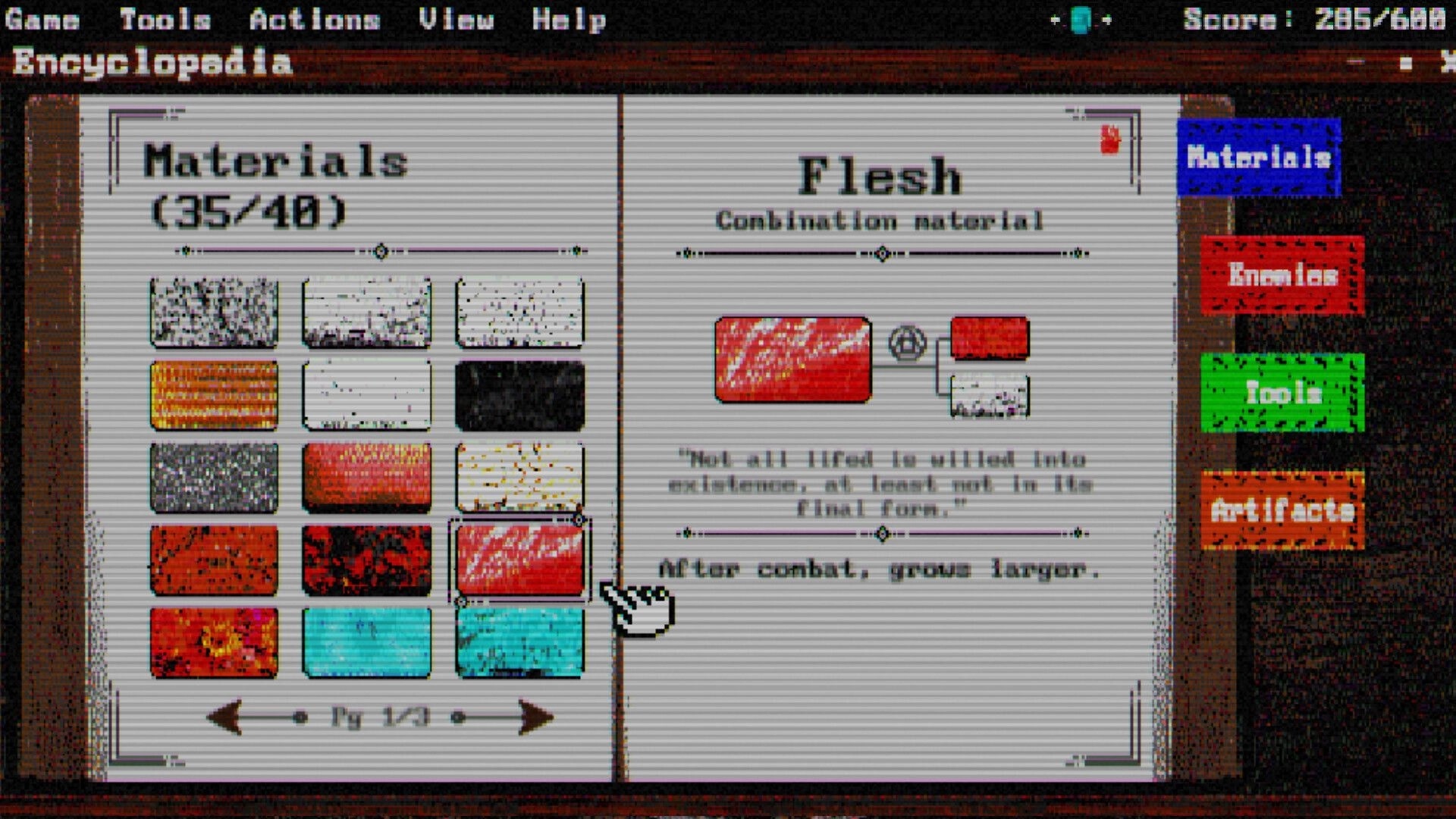 Dominot: Encyclopedia materials list with flesh selected, crafting preview and category tabs on right.