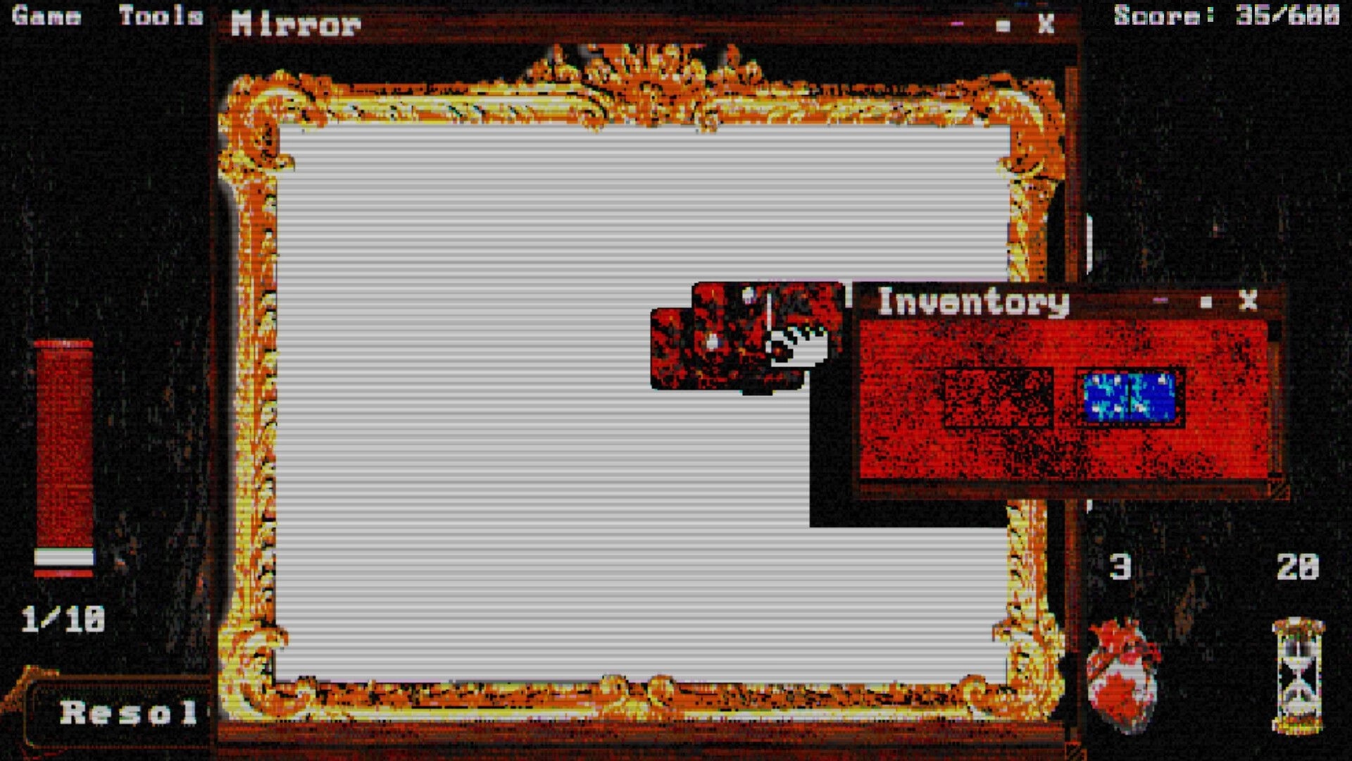 Dominot: Hand cursor drags a bloodstained tile over a blank mirror window with inventory panel open.