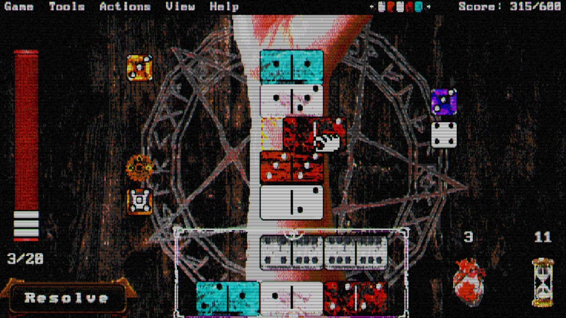 Dominot: Stacked domino ritual puzzle with Resolve button and score UI over dark occult sigil backdrop.