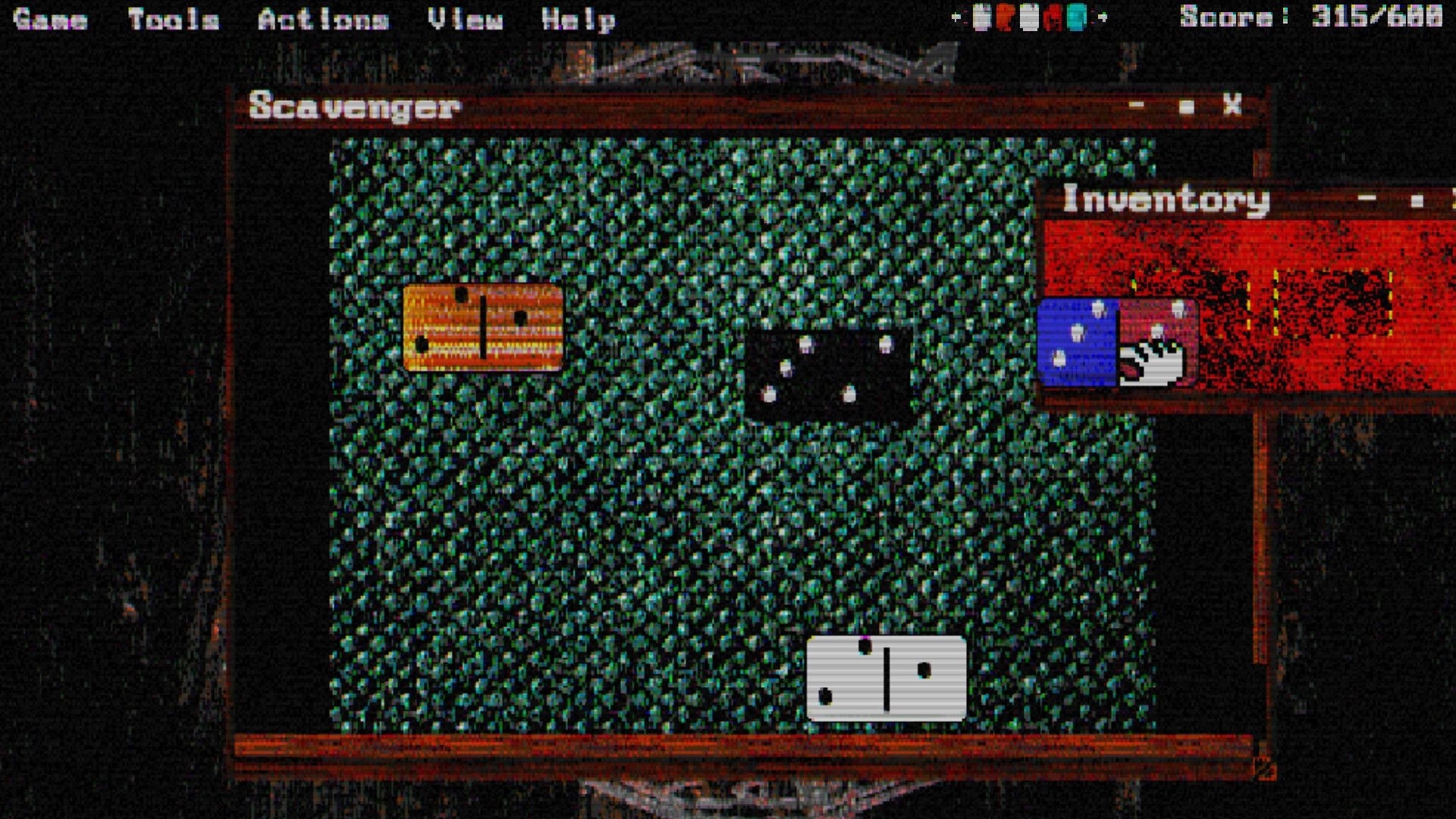 Dominot: Scavenger window with domino tiles and inventory panel over a static-filled green screen.