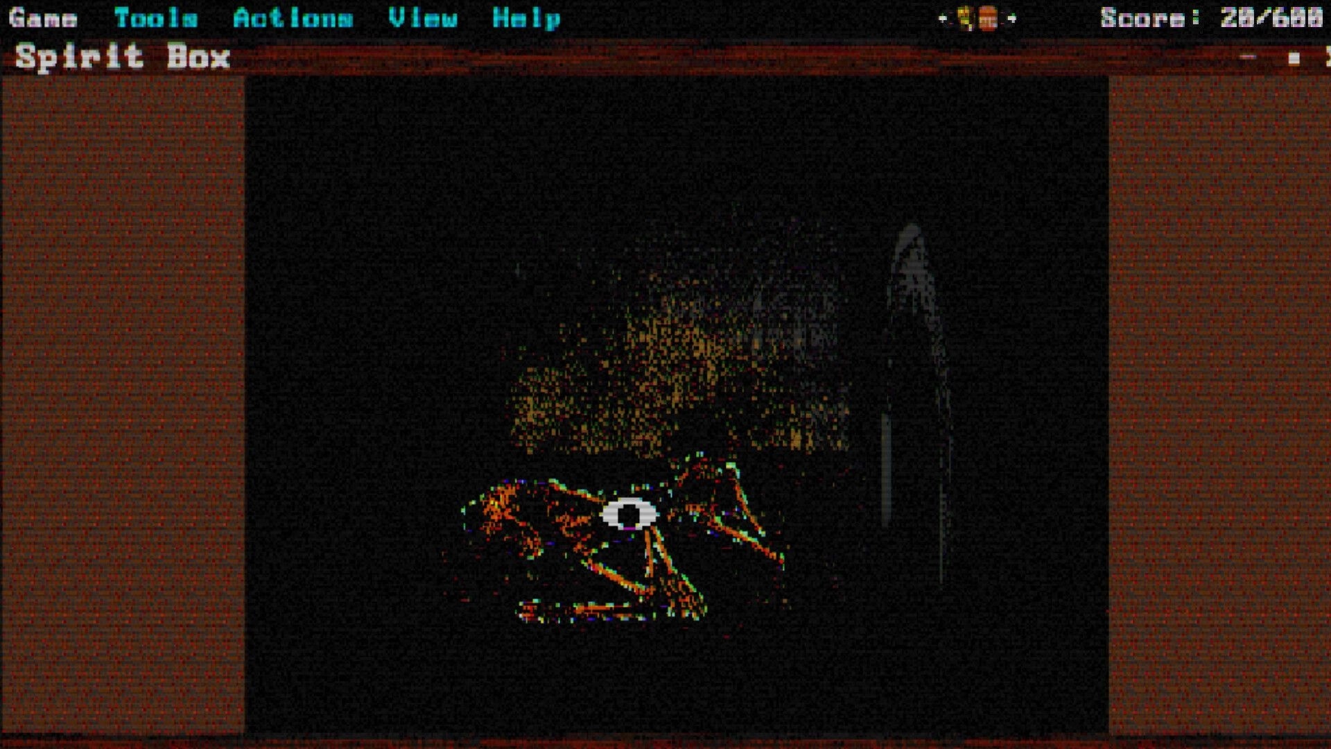 Dominot: Spirit Box view with glitchy creature and eye icon on the floor in a dark room.