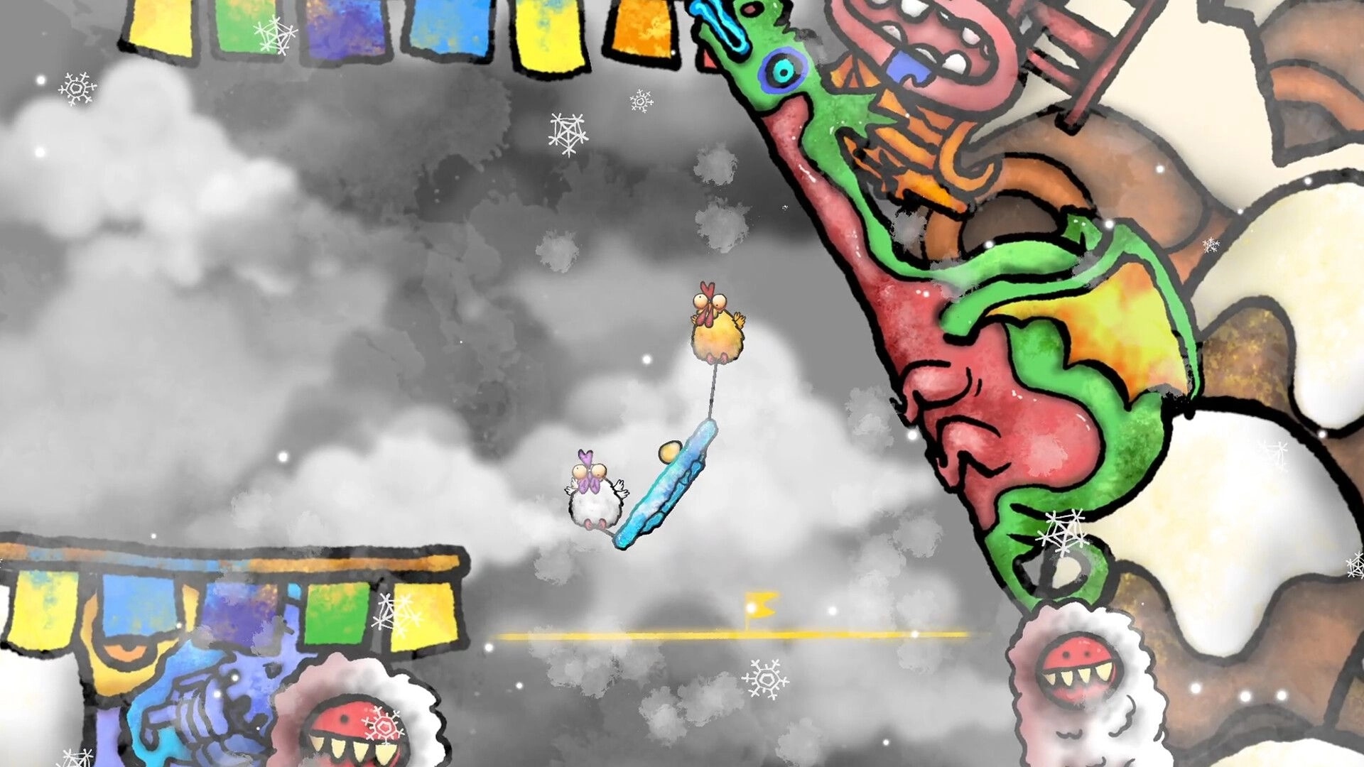 Don’t Chicken Out: Two chickens cling to a blue plank in snowy clouds beside giant monster faces.