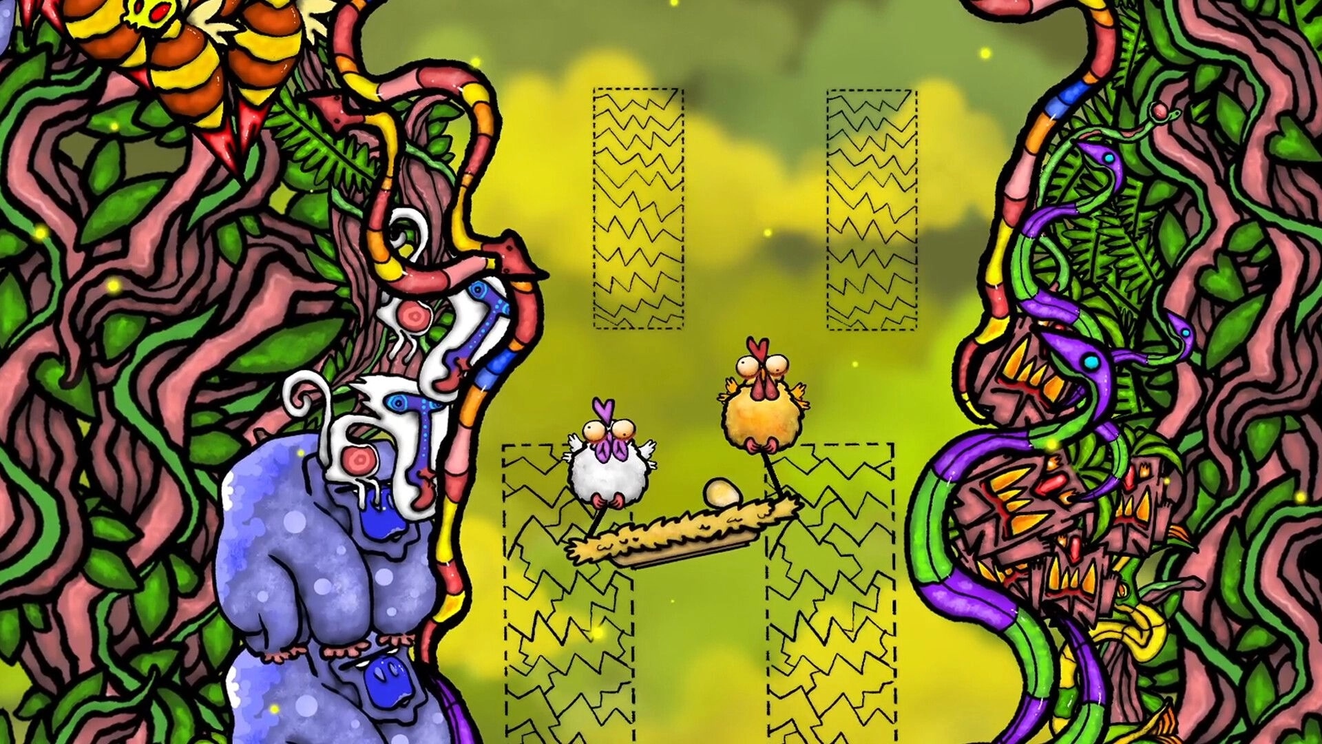 Don’t Chicken Out: Two chickens balancing an egg on a plank amid thorny vines and zigzag platforms.