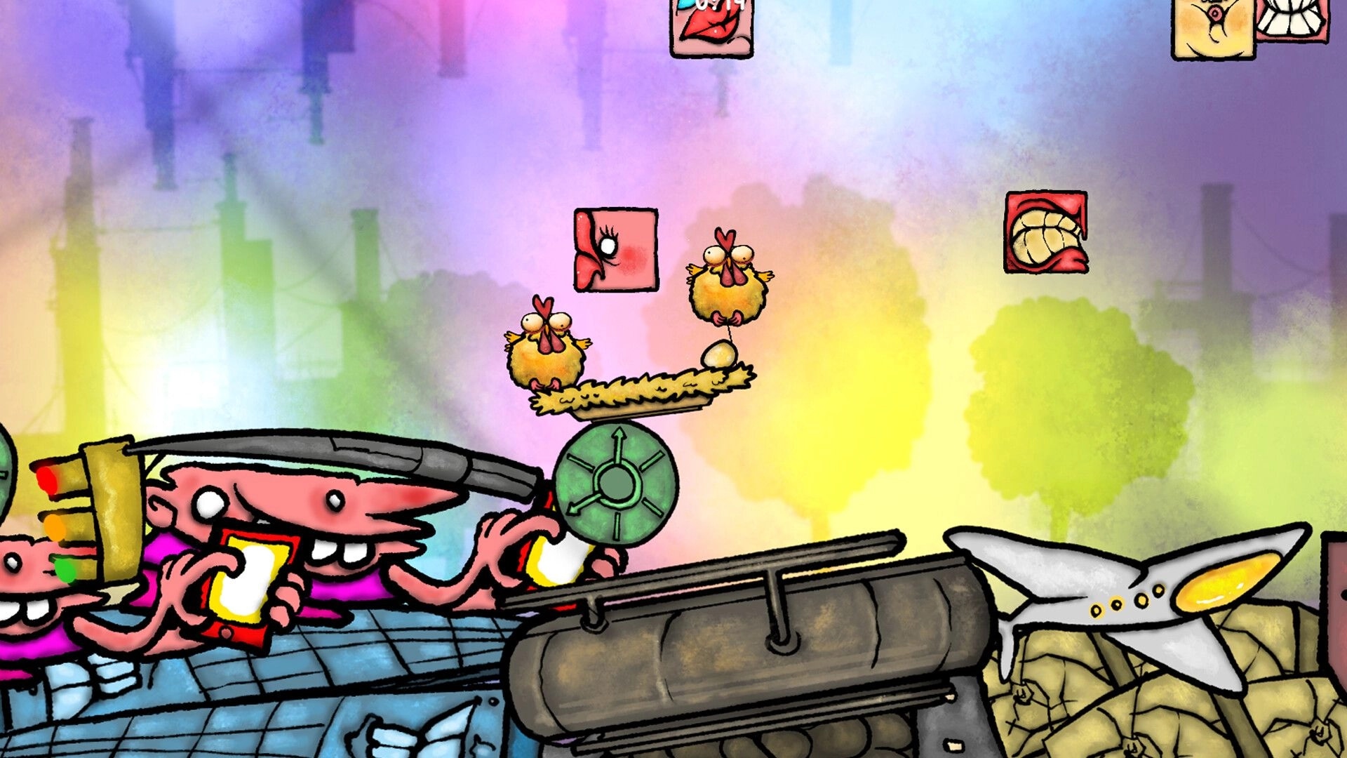 Don’t Chicken Out: Two chickens balance an egg on a seesaw over a cannon in a colorful sky level.
