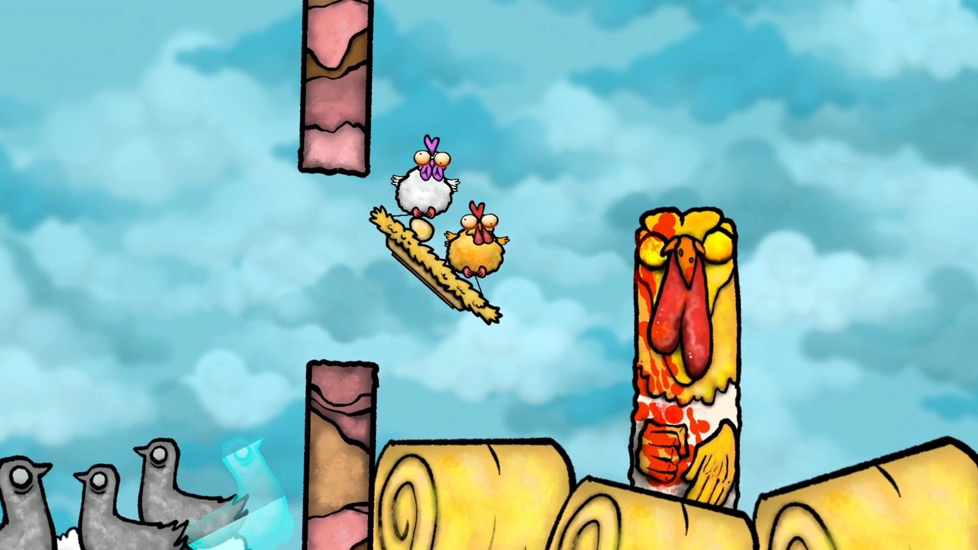 Don’t Chicken Out: Two chickens balancing an egg on a tilted plank above logs in cloudy sky level.