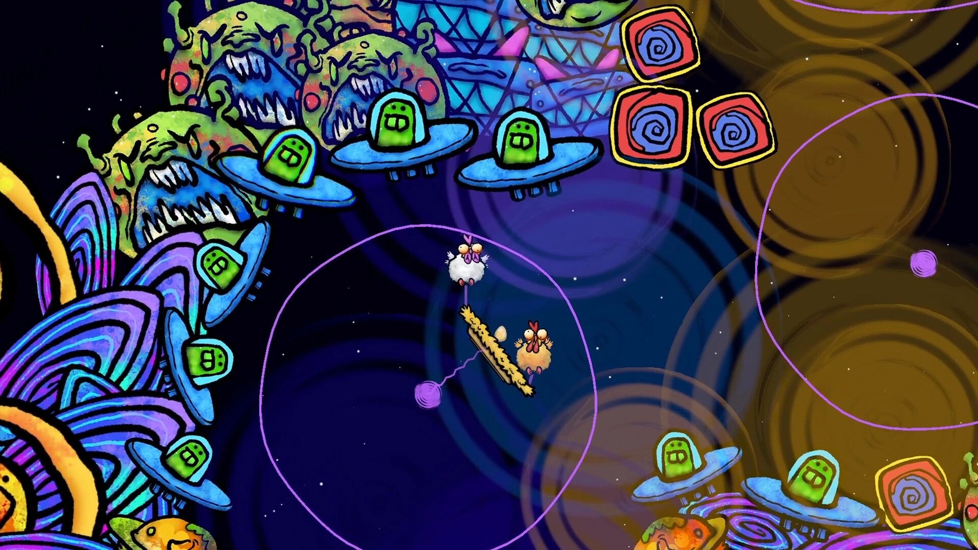 Don’t Chicken Out: Two chickens balancing on a plank in space amid UFOs and swirling portals.