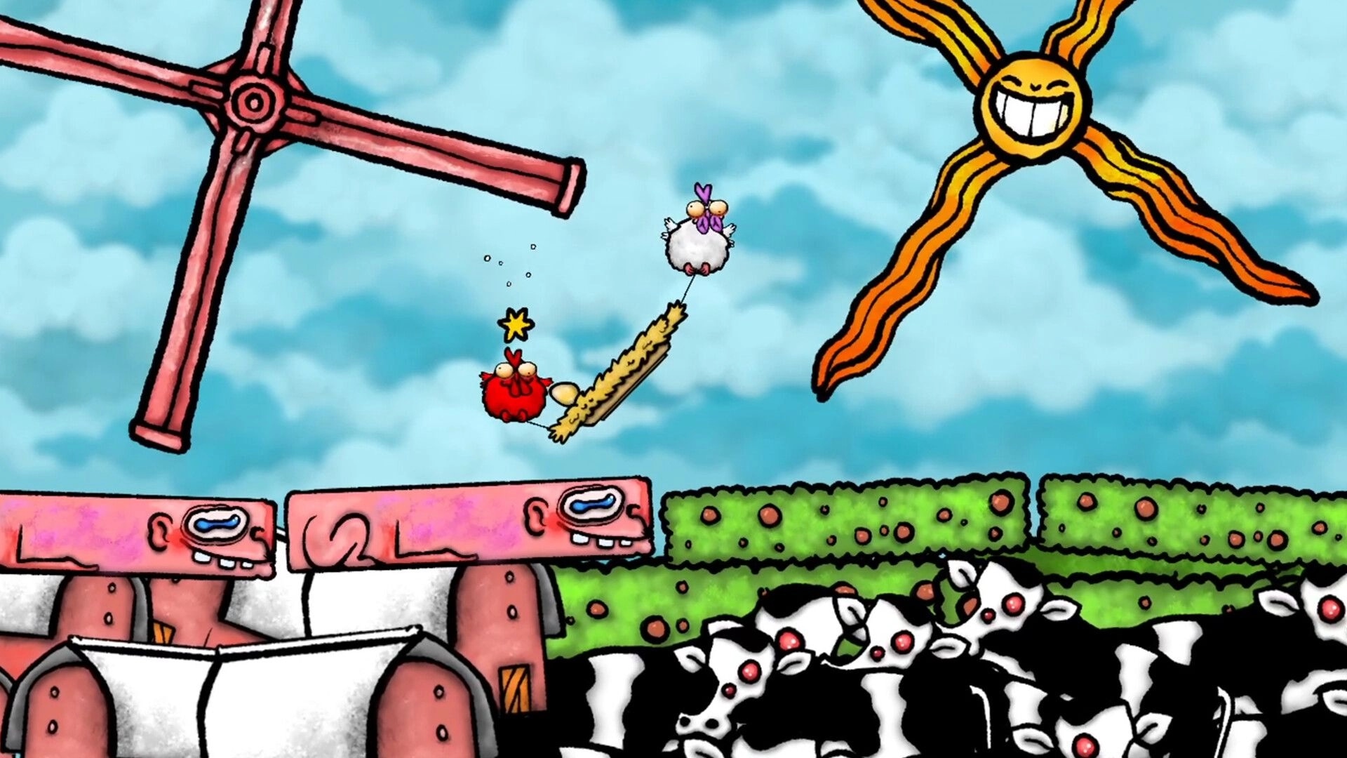Don’t Chicken Out: Two chickens balance an egg on a seesaw above cows under spinning windmills in sky.