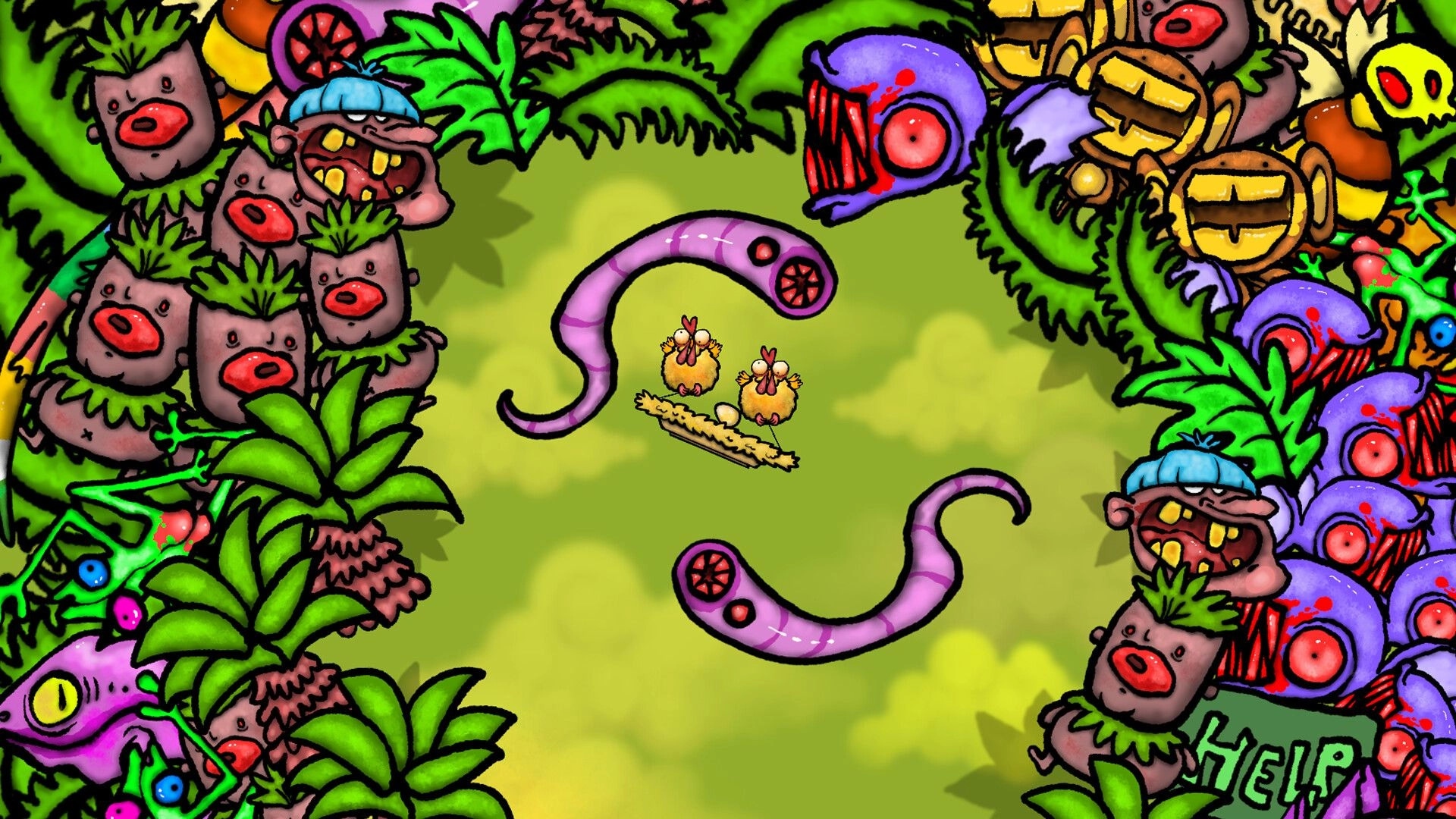 Don’t Chicken Out: Two chickens balance an egg on a plank amid jungle monsters and tentacles.