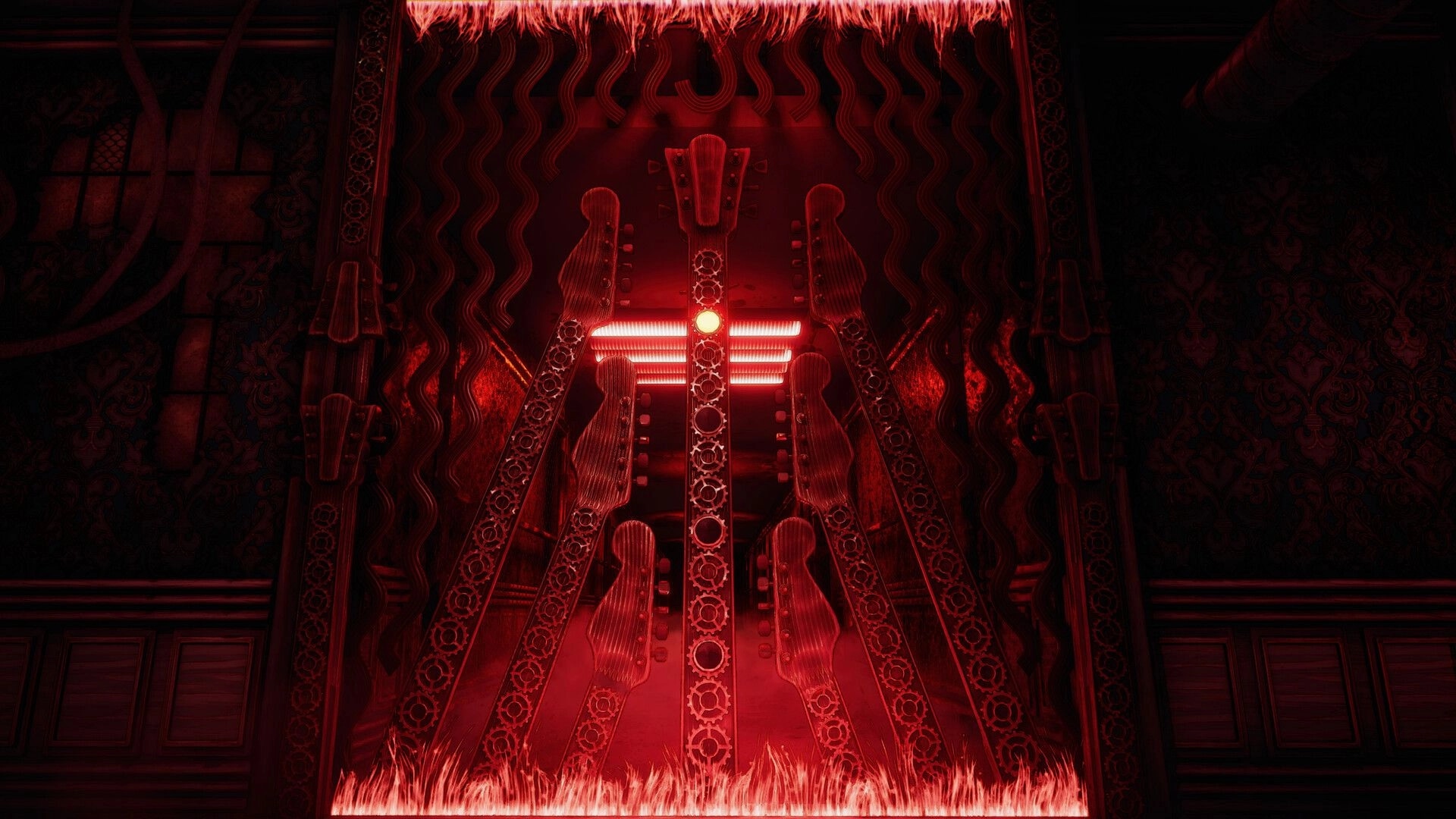Don’t Fret: Red-lit guitar-shaped gate with glowing bars and gears inside a dark school hallway.