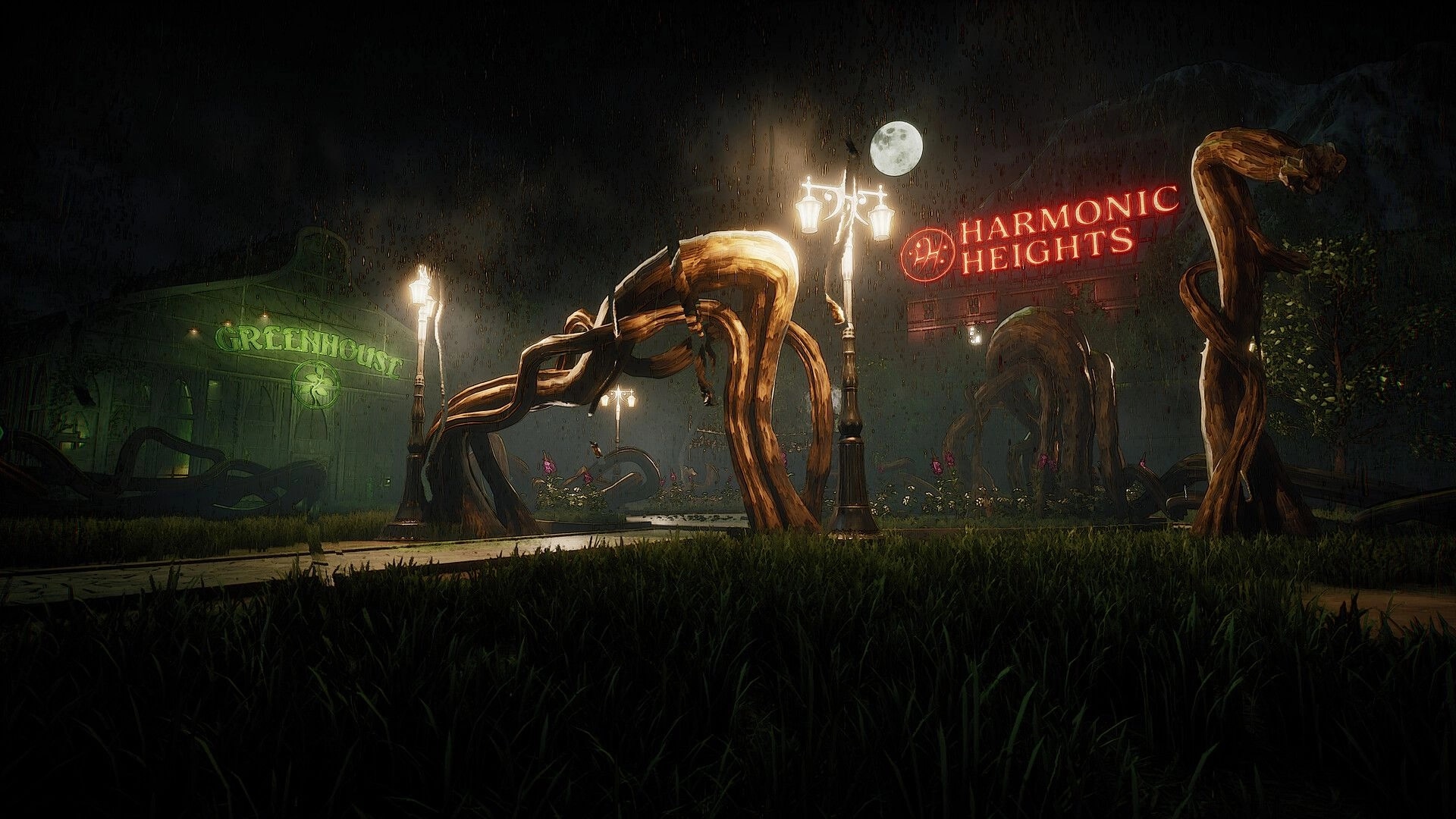 Don’t Fret: Rainy campus courtyard with twisted tree roots, lampposts, and neon building signs at night.
