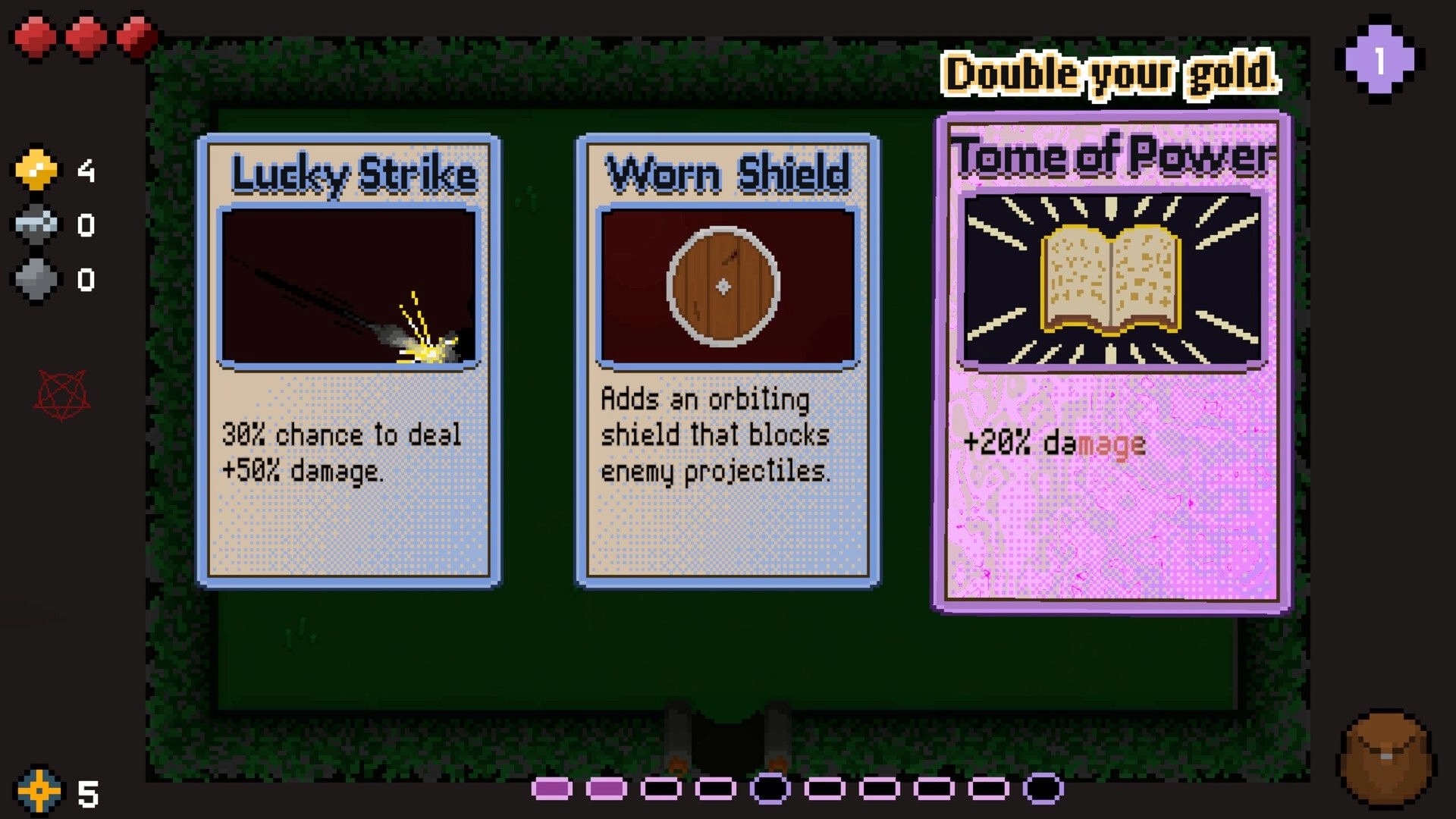 Don't Go Unarmed: Selection of upgrades including Lucky Strike, Worn Shield, and Tome of Power cards
