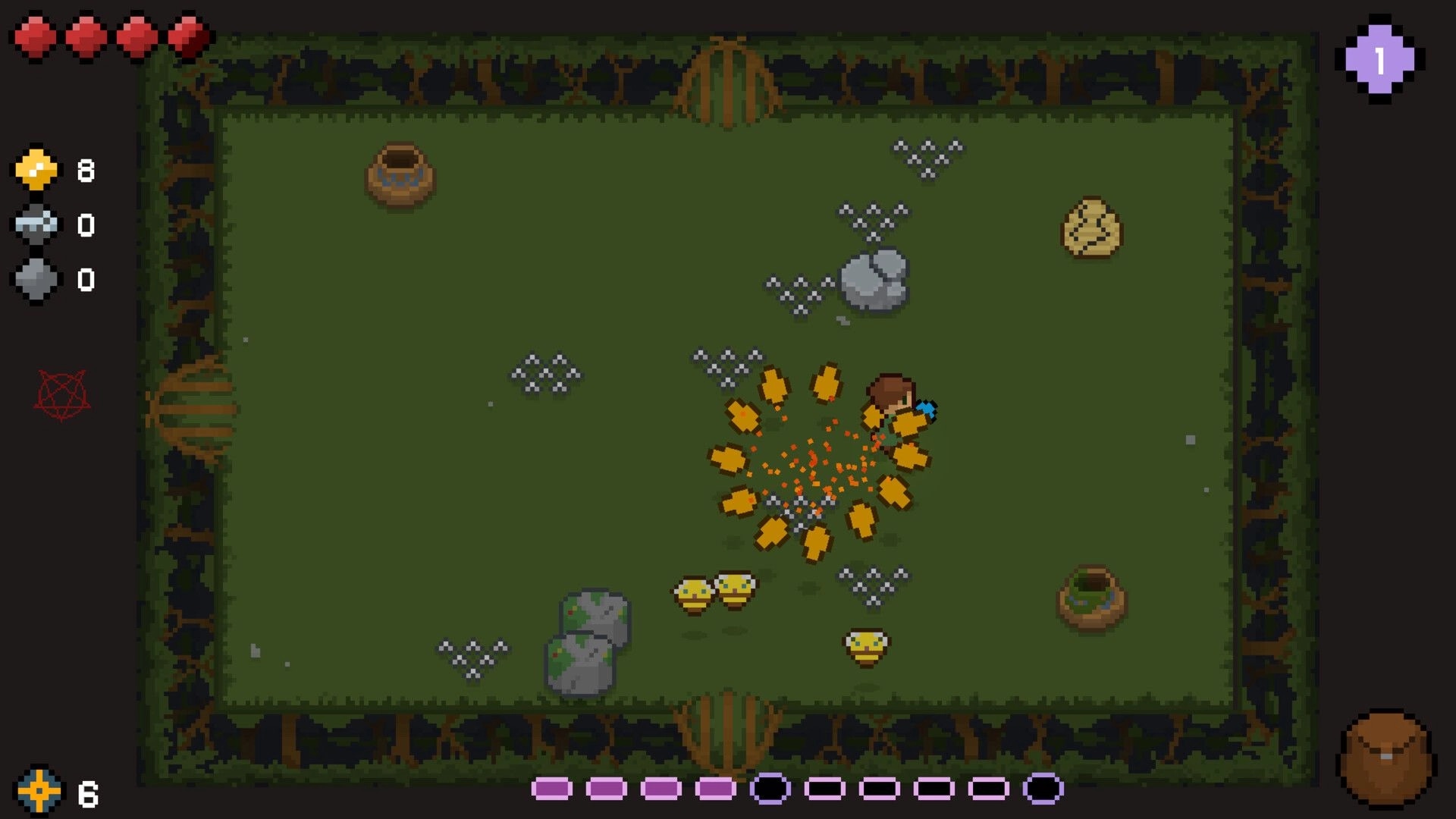 Don't Go Unarmed: Player character attacks with orange projectiles in a forest clearing surrounded by pots.