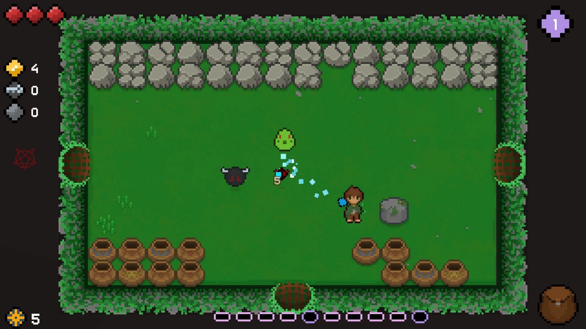 Don't Go Unarmed: Player fights enemies with projectile attack in a walled green field with pots.