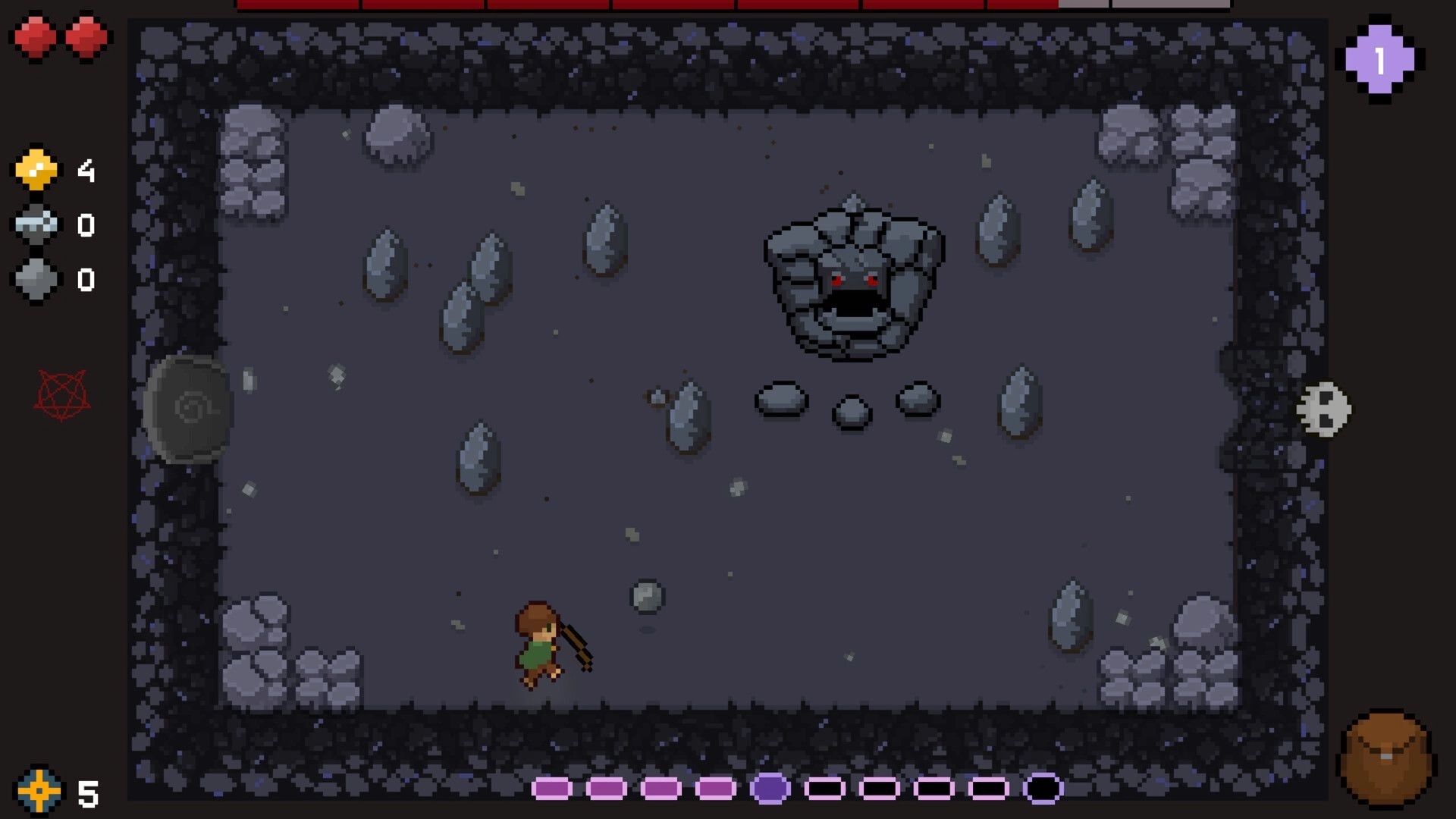 Don't Go Unarmed: Player faces stone creature in cave arena with UI showing health and resources
