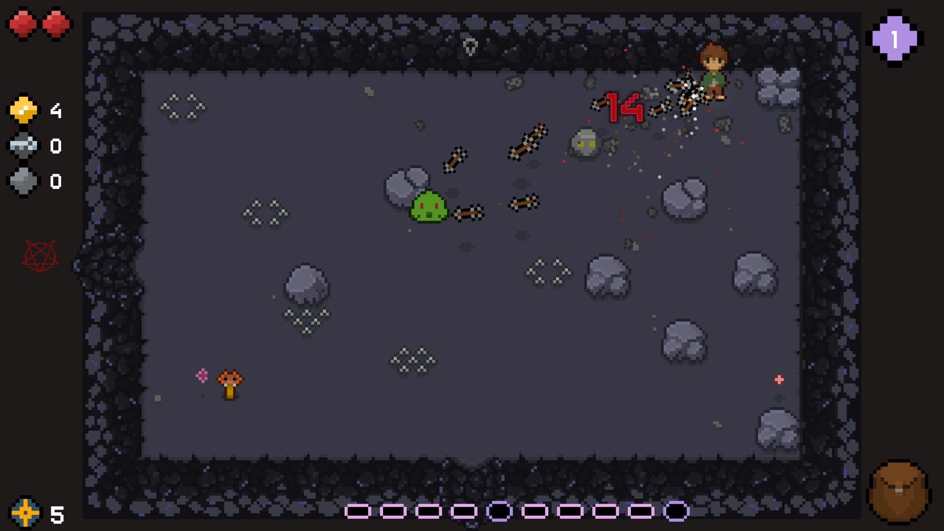 Don't Go Unarmed: Player battles green slime with arrows in rocky cave environment, UI shows health and items.
