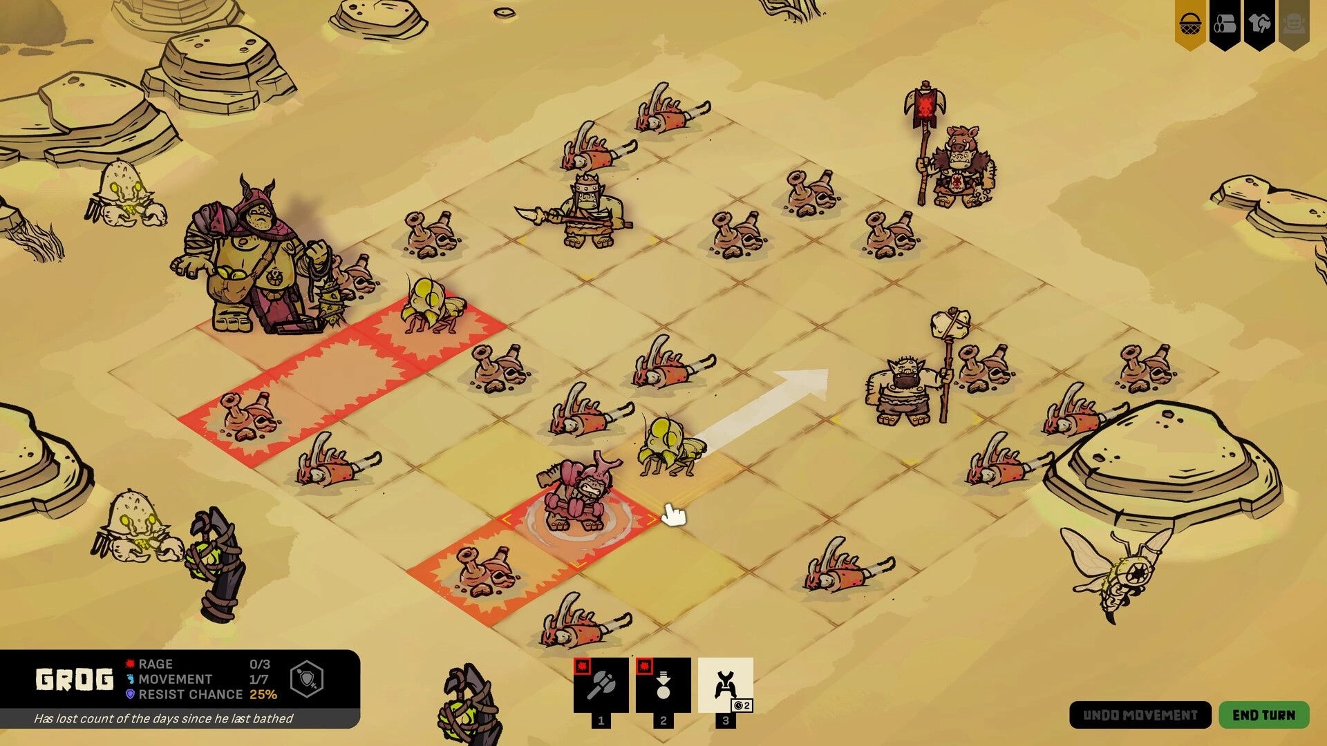 Don’t Kill Them All: Grog selected on a grid, move arrow and red attack tiles in sandy battlefield.