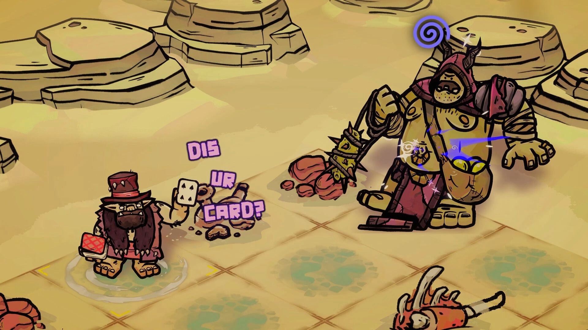 Don’t Kill Them All: Orcs face off on grid tiles, speech bubble “DIE UR CARD?” in sandy canyon map.