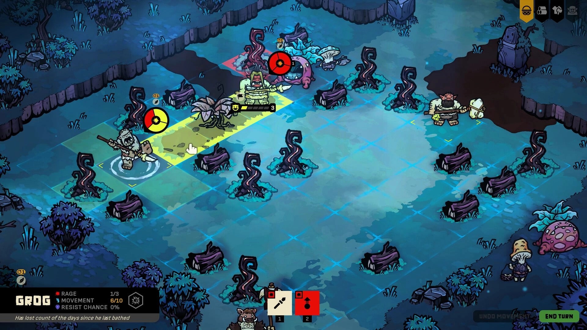 Don’t Kill Them All: Grid-based move preview for Grog amid stumps and twisted roots in a dark swamp map.
