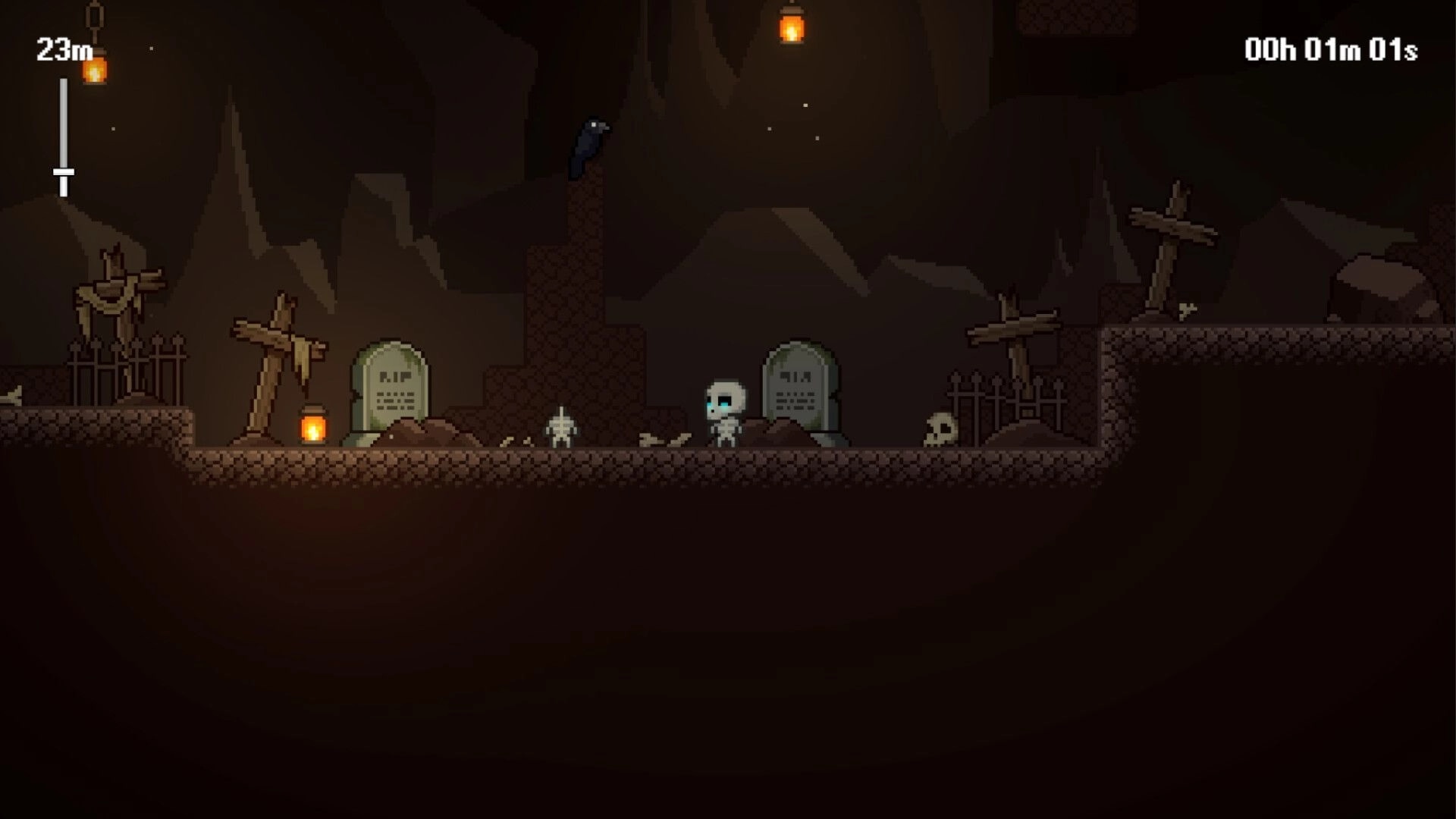 Don’t Lose Your Head: Skeleton stands by graves and torches in a cave, depth and timer UI visible.