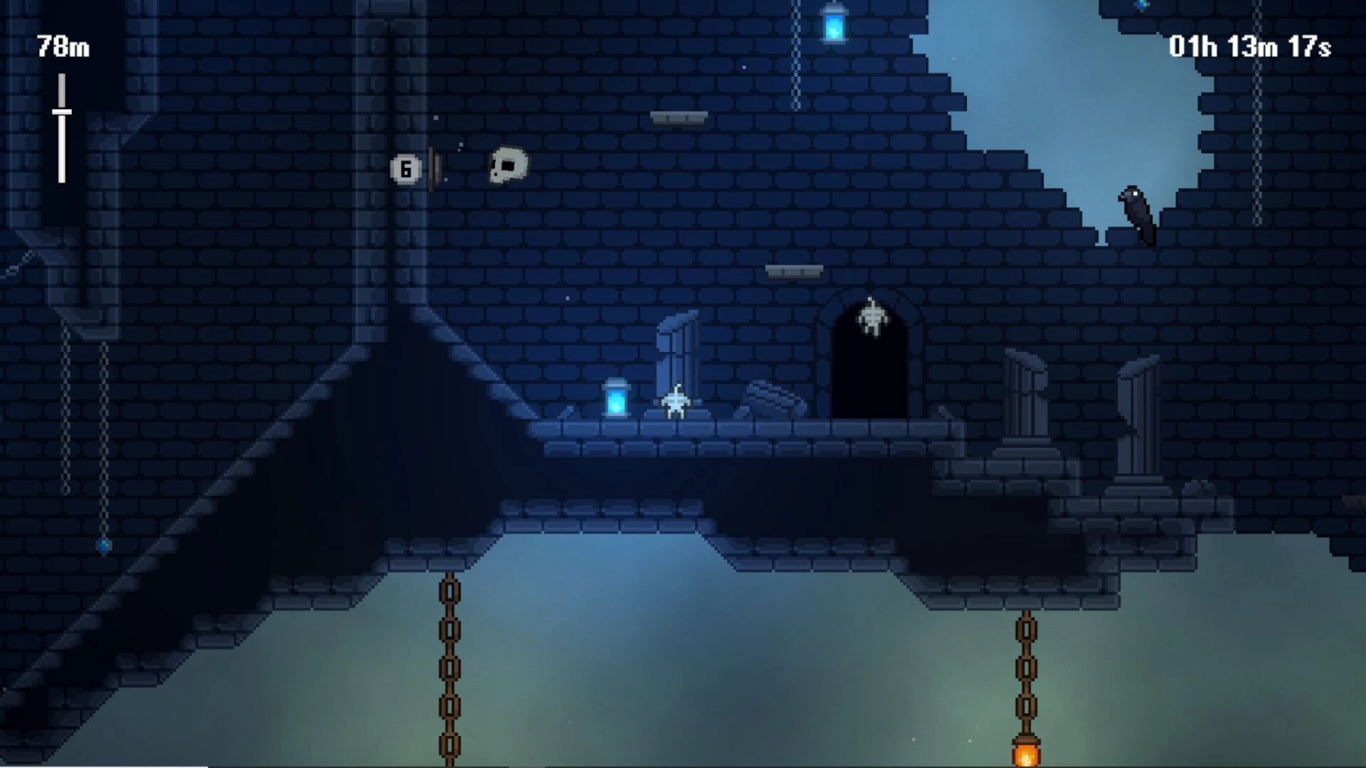 Don’t Lose Your Head: Skull head floats near a brick tower door and lanterns in dark ruins, 78m UI.