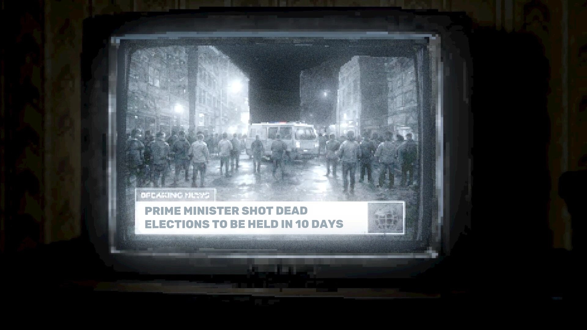 Don’t Pick Up: Grainy TV news broadcast of crowd and police van, headline about PM shot dead.