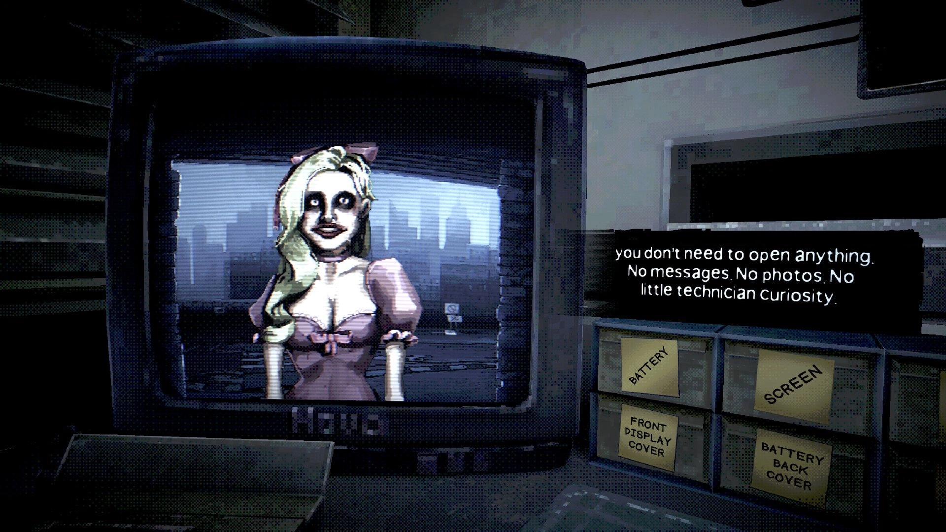 Don’t Pick Up: Blonde doll-like woman on CRT monitor beside warning text and labeled drawers in lab.